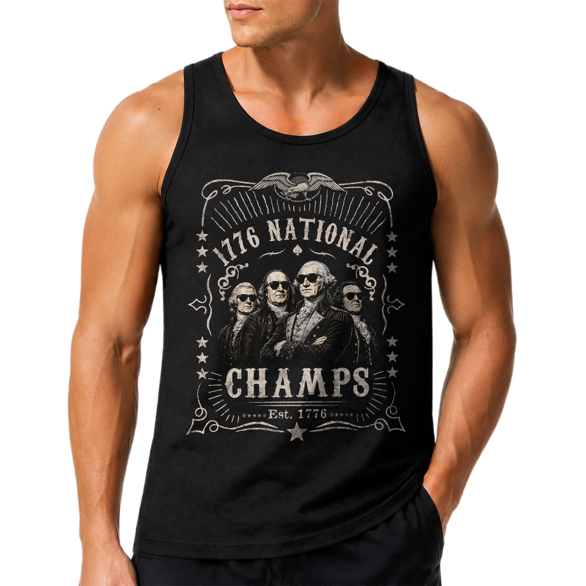 Vintage Men’s 1776 National Champs Tank Top - Patriotic Founding Fathers Graphic Shirt
