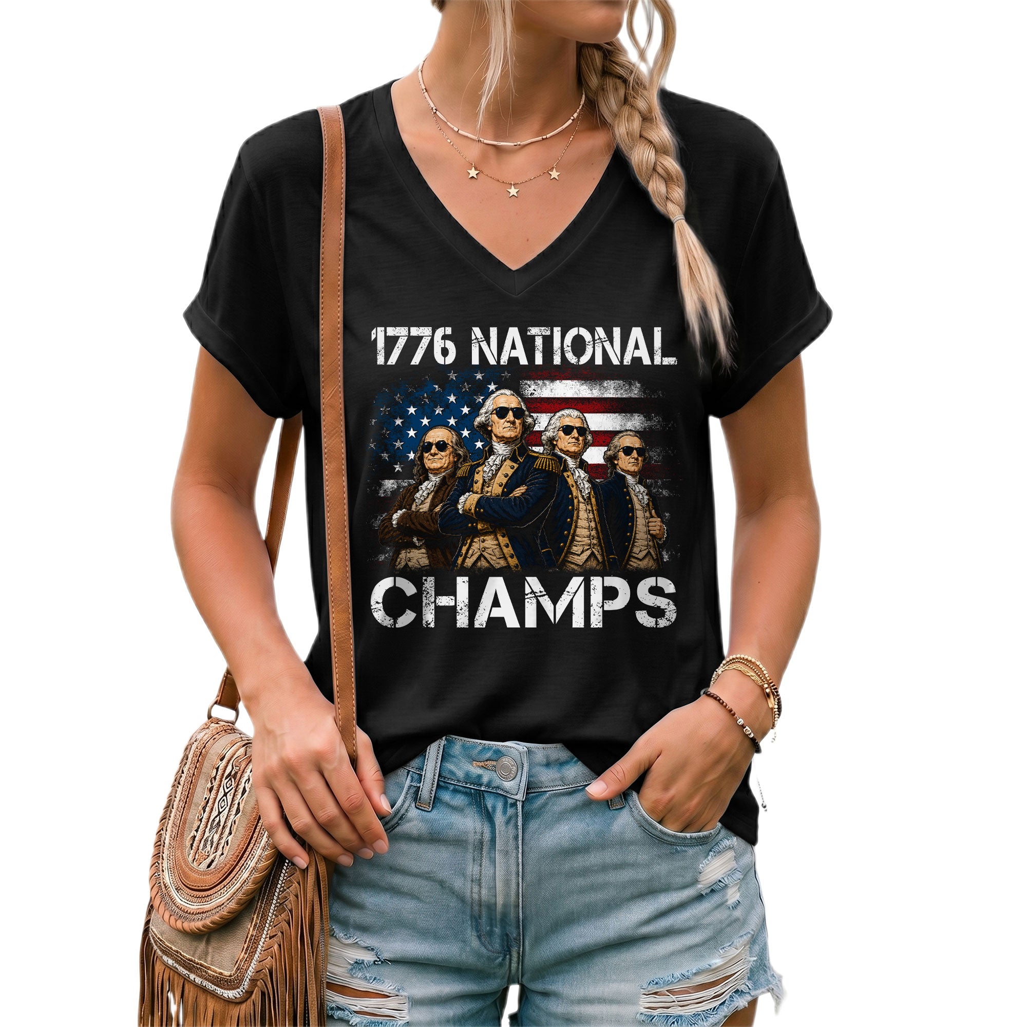 1776 National Champs Patriotic Women V-Neck Shirt - Vintage Style American History Apparel