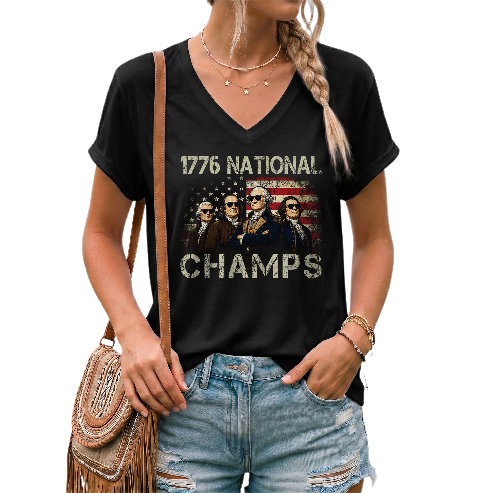1776 National Champs Women  V-Neck T-Shirt - Retro Founding Fathers American Flag Design Tee
