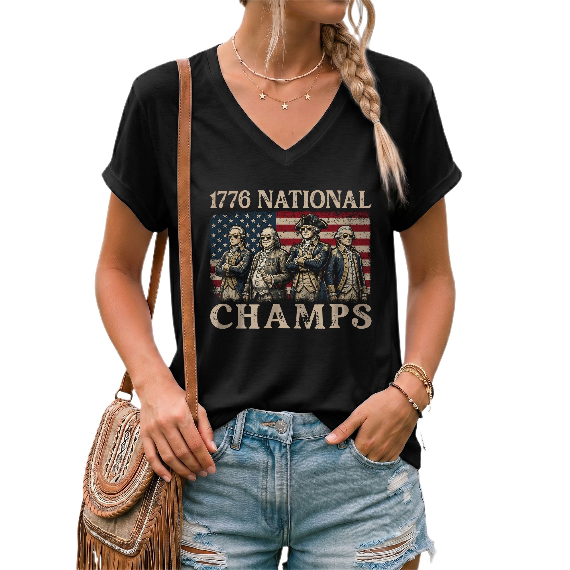 Women’s 1776 National Champs Black V-Neck Tee - Vintage American History Graphic Apparel