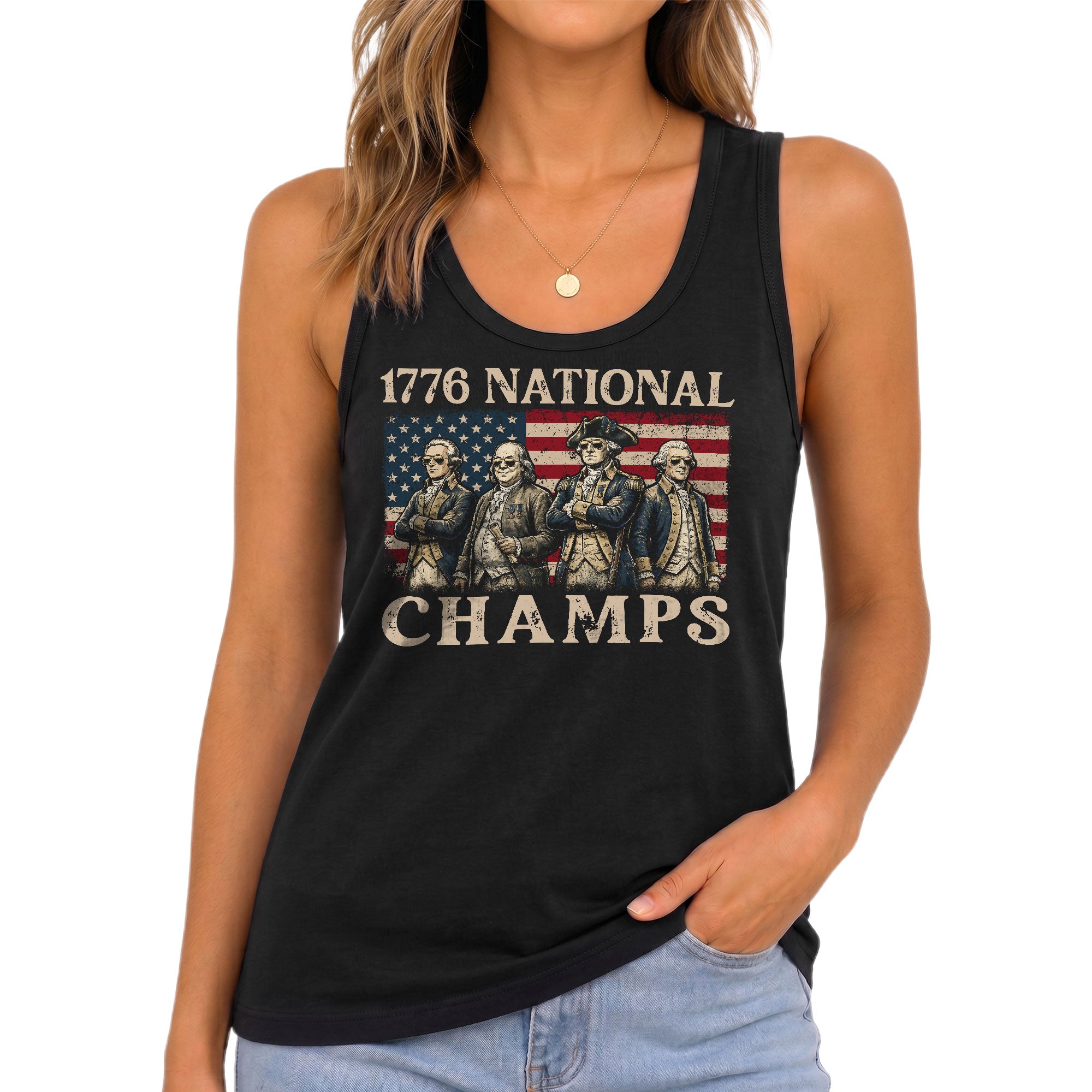 1776 National Champs Black Tank Top for Women - Patriotic American History Graphic Tee