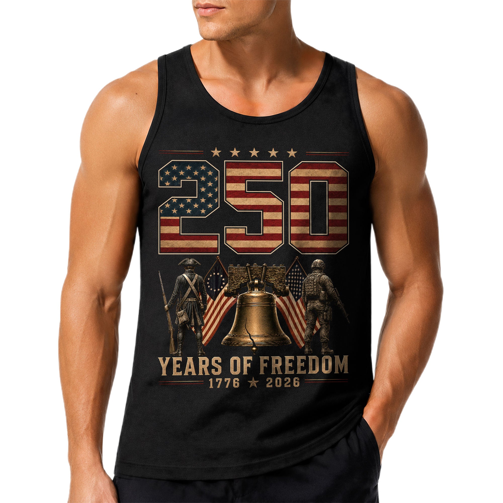Men Tank Top 250 Years of Freedom Shirt 1776 2026 Liberty Bell Patriotic Soldier Tee