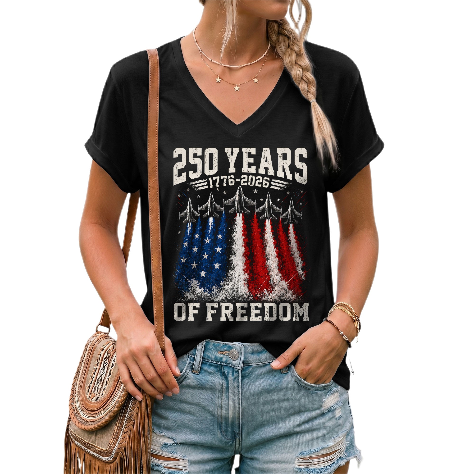 Women V Neck 250 Years of Freedom Shirt 1776 2026 Fighter Jet Patriotic Graphic Tee