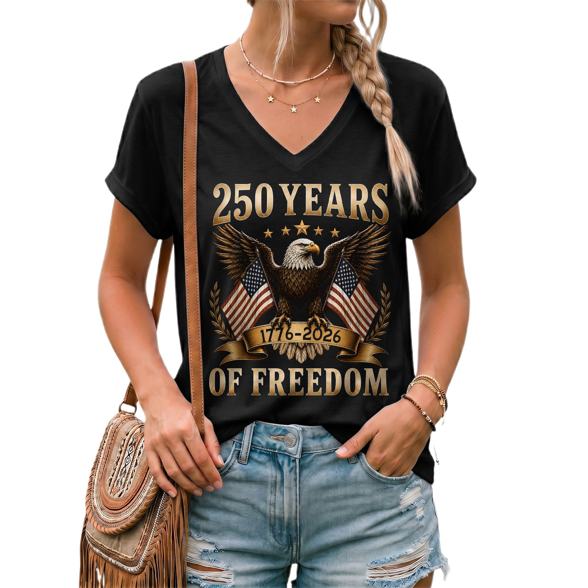 Women V Neck 250 Years of Freedom Shirt 1776 2026 Gold Eagle Patriotic US Flag Tee