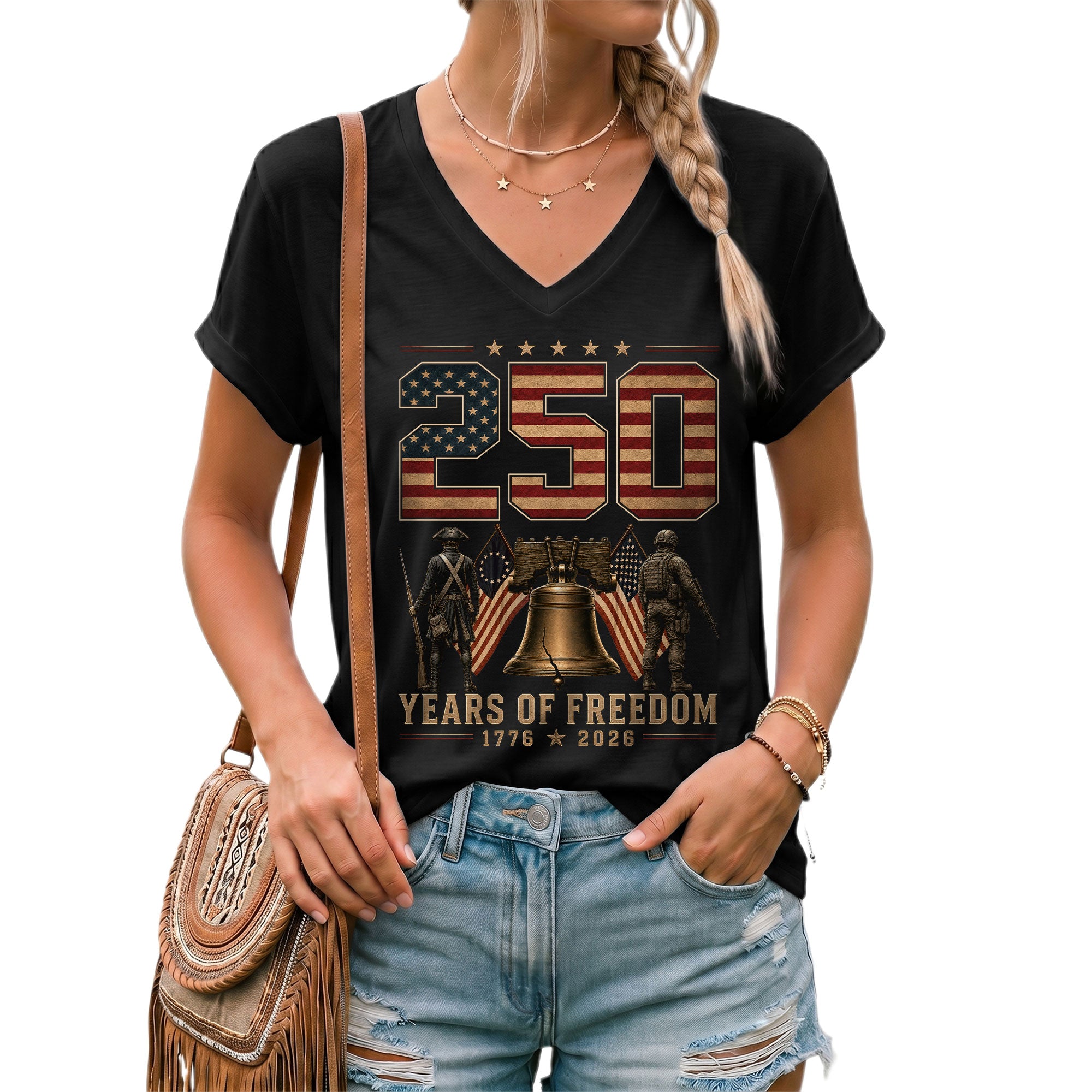 Women V Neck 250 Years of Freedom Shirt 1776 2026 Liberty Bell Patriotic Soldier Tee