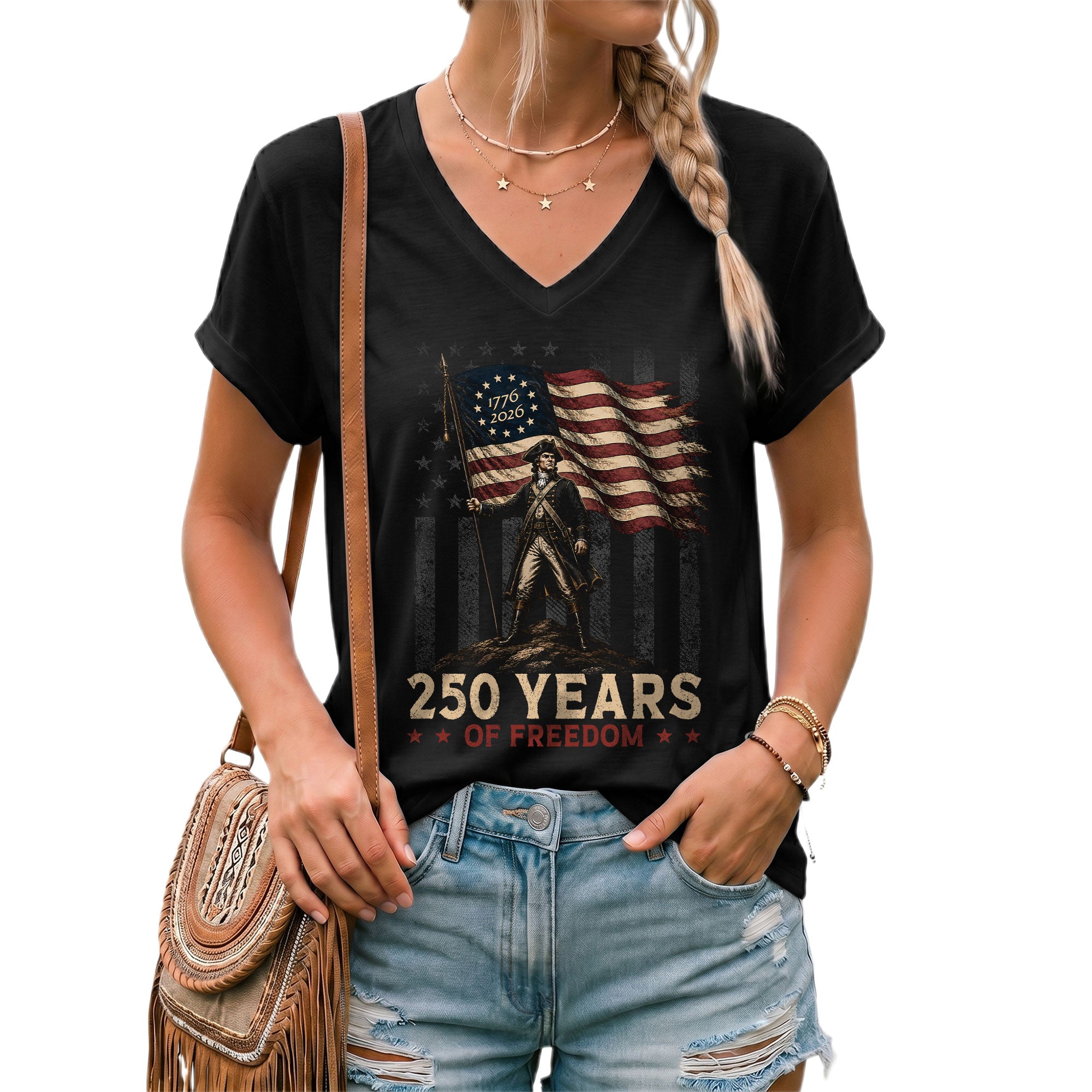 Women V Neck 250 Years of Freedom T-Shirt Patriotic Betsy Ross US Flag Graphic Top