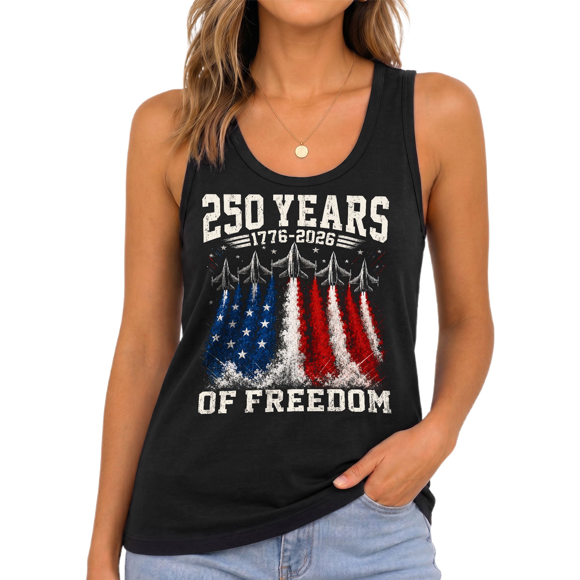 Women Tank Top 250 Years of Freedom Shirt 1776 2026 Fighter Jet Patriotic Graphic Tee