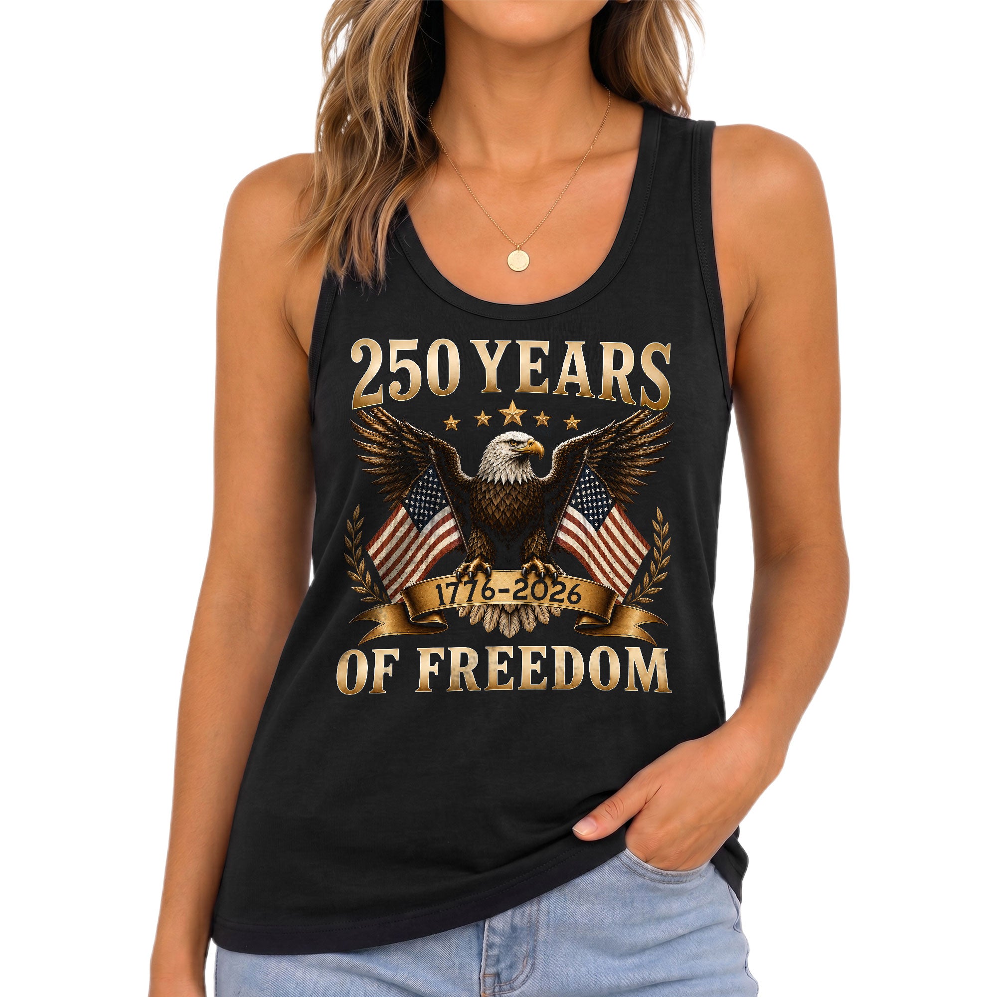 Women Tank Top 250 Years of Freedom Shirt 1776 2026 Gold Eagle Patriotic US Flag Tee