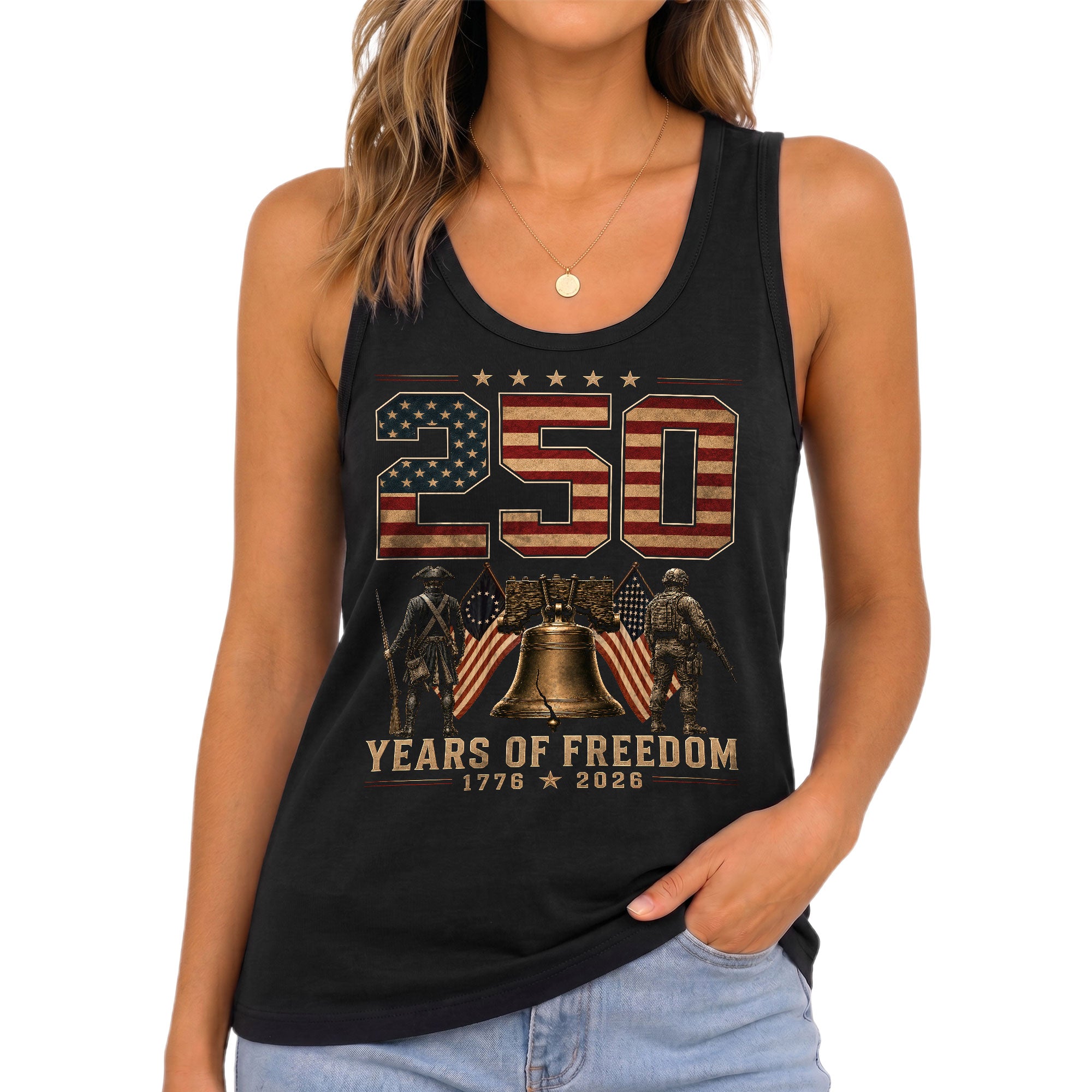 Women Tank Top 250 Years of Freedom Shirt 1776 2026 Liberty Bell Patriotic Soldier Tee