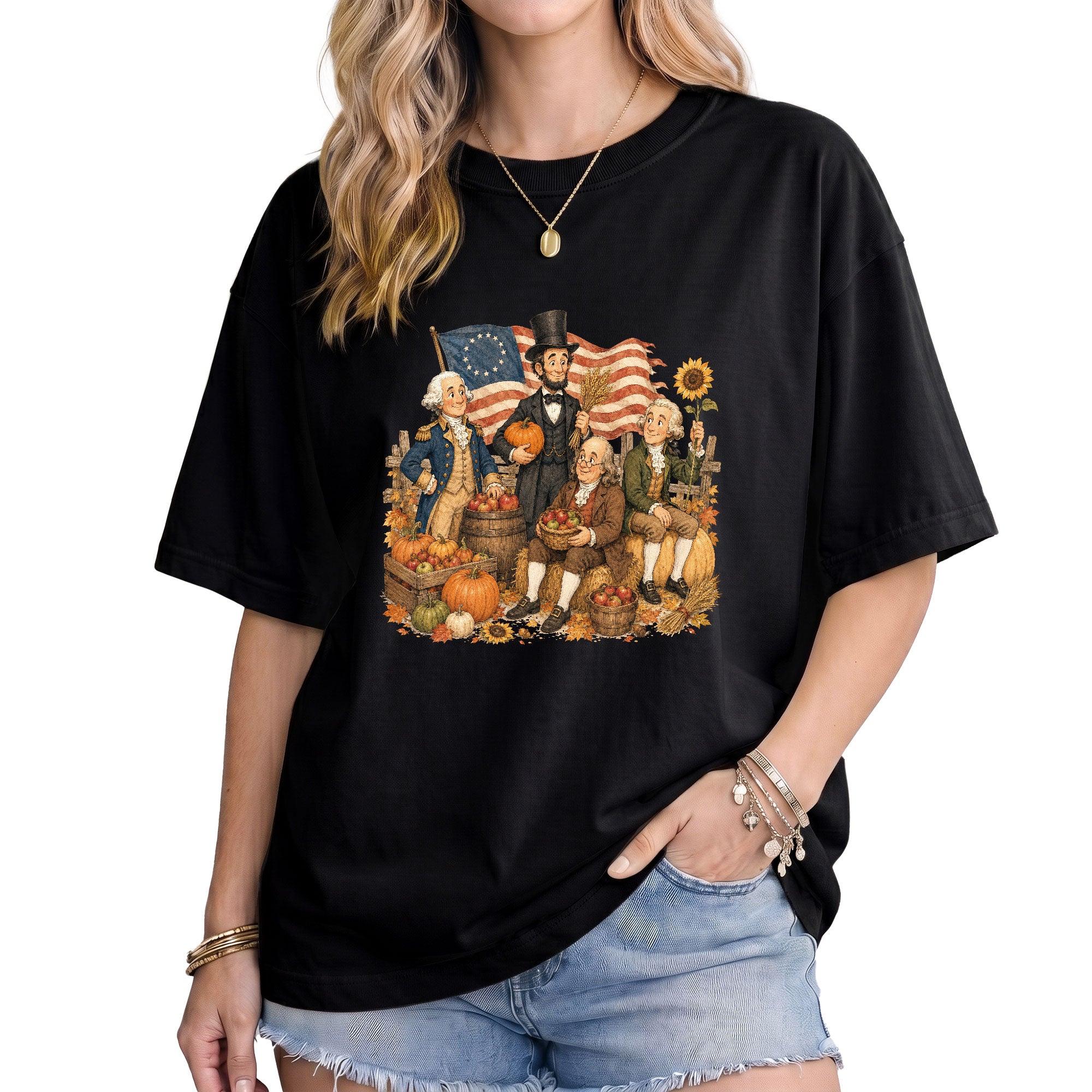 Historical Figures Fall T-Shirt Patriotic Autumn Graphic Tee for Thanksgiving Lovers