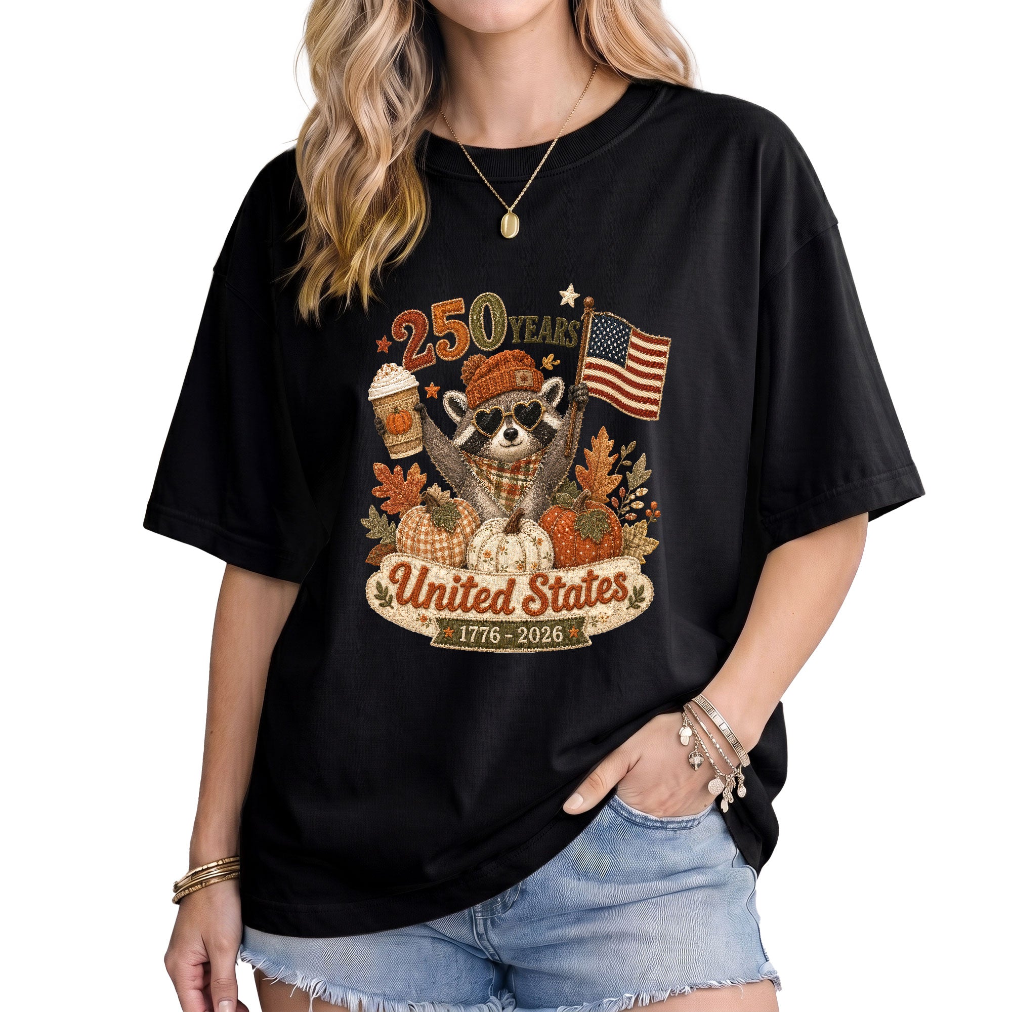 1776-2026 United States Fall Graphic Tee: Cute Raccoon Autumn Pumpkin Spice T-Shirt