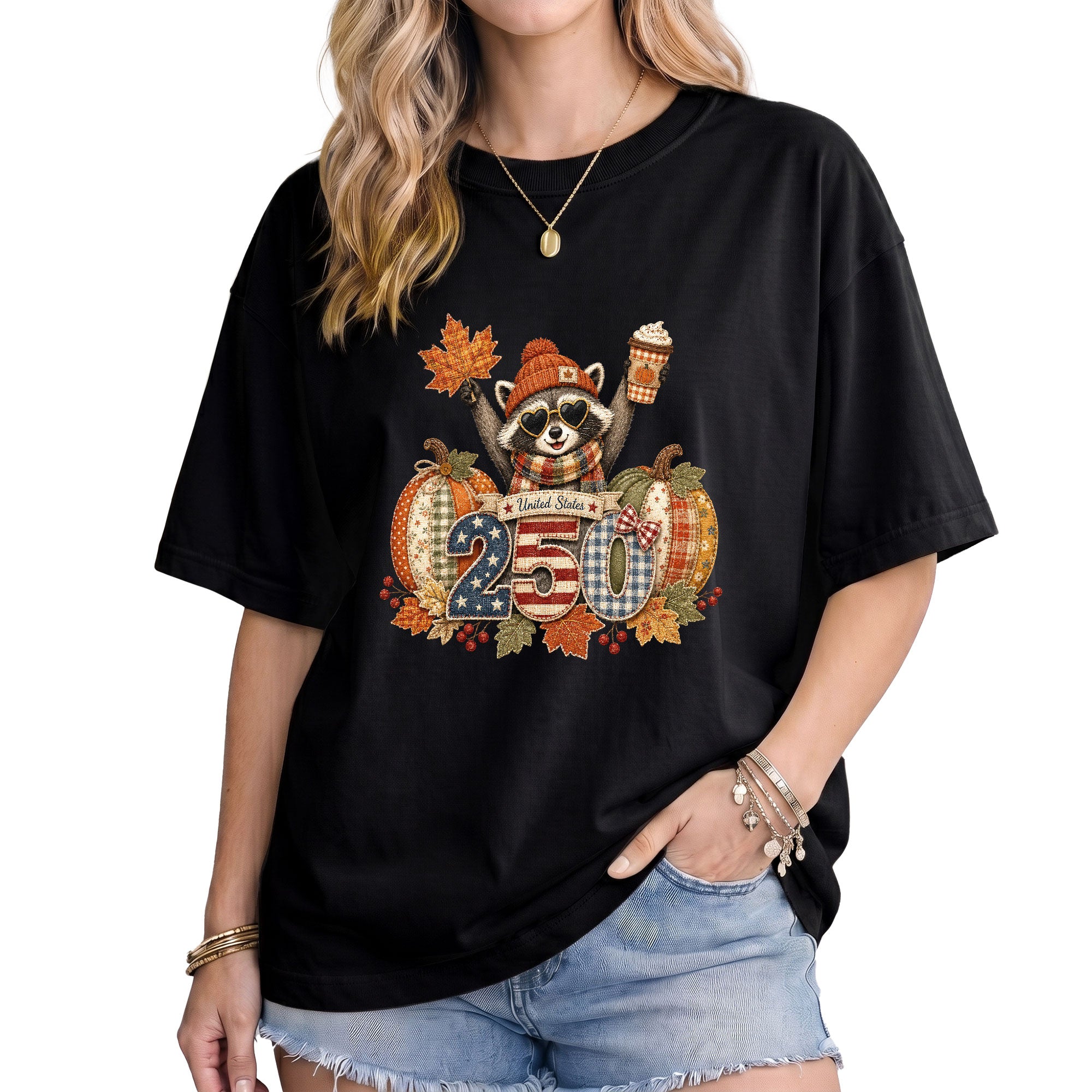 Cute Raccoon 250 Years United States Shirt: Cozy Autumn Pumpkin Seasonal Graphic Tee
