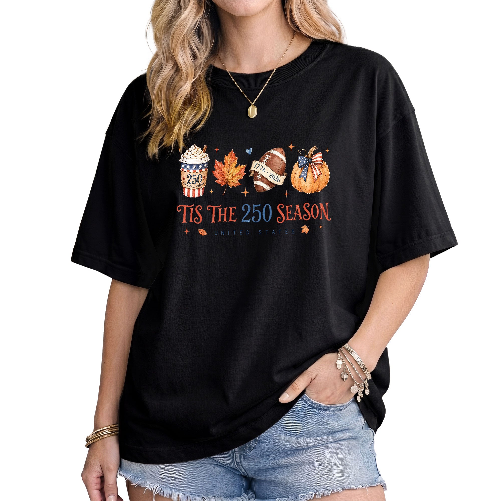Tis The 250 Season United States T-Shirt: Festive Fall Pumpkin Football Graphic Tee