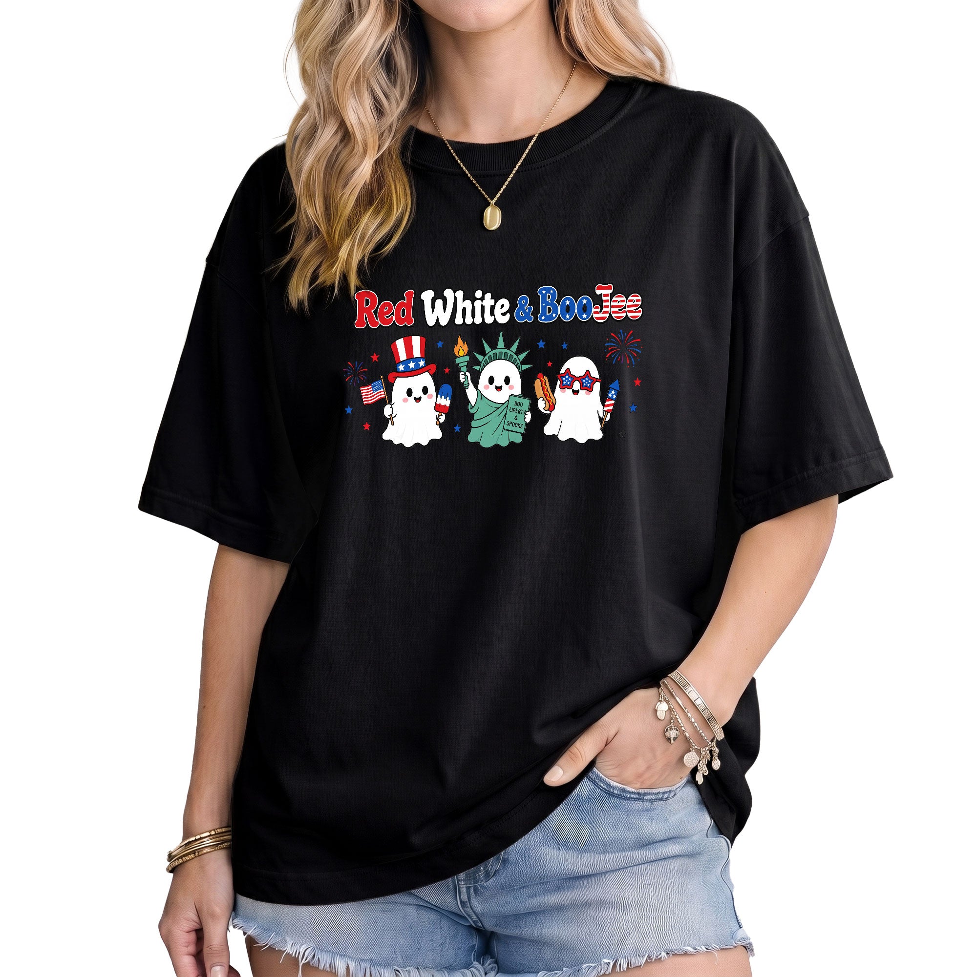 Unique Red White And BooJee Tee Adorable Patriotic Ghost Cartoon Graphic Shirt