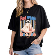 Red White BooJee Ghost Graphic T Shirt Trendy Patriotic Apparel For Unisex Wear