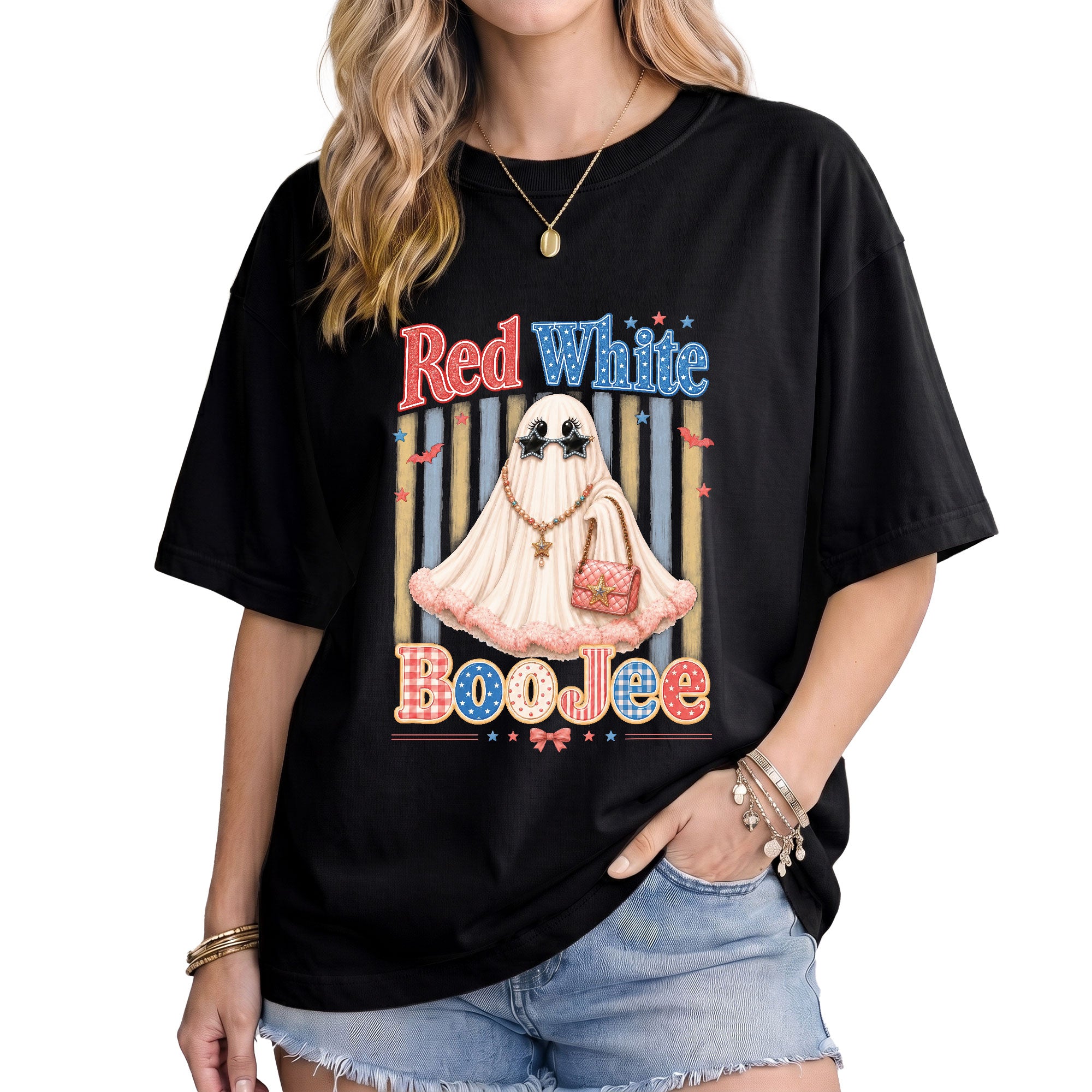 Red White BooJee Ghost Graphic T Shirt Trendy Patriotic Apparel For Unisex Wear