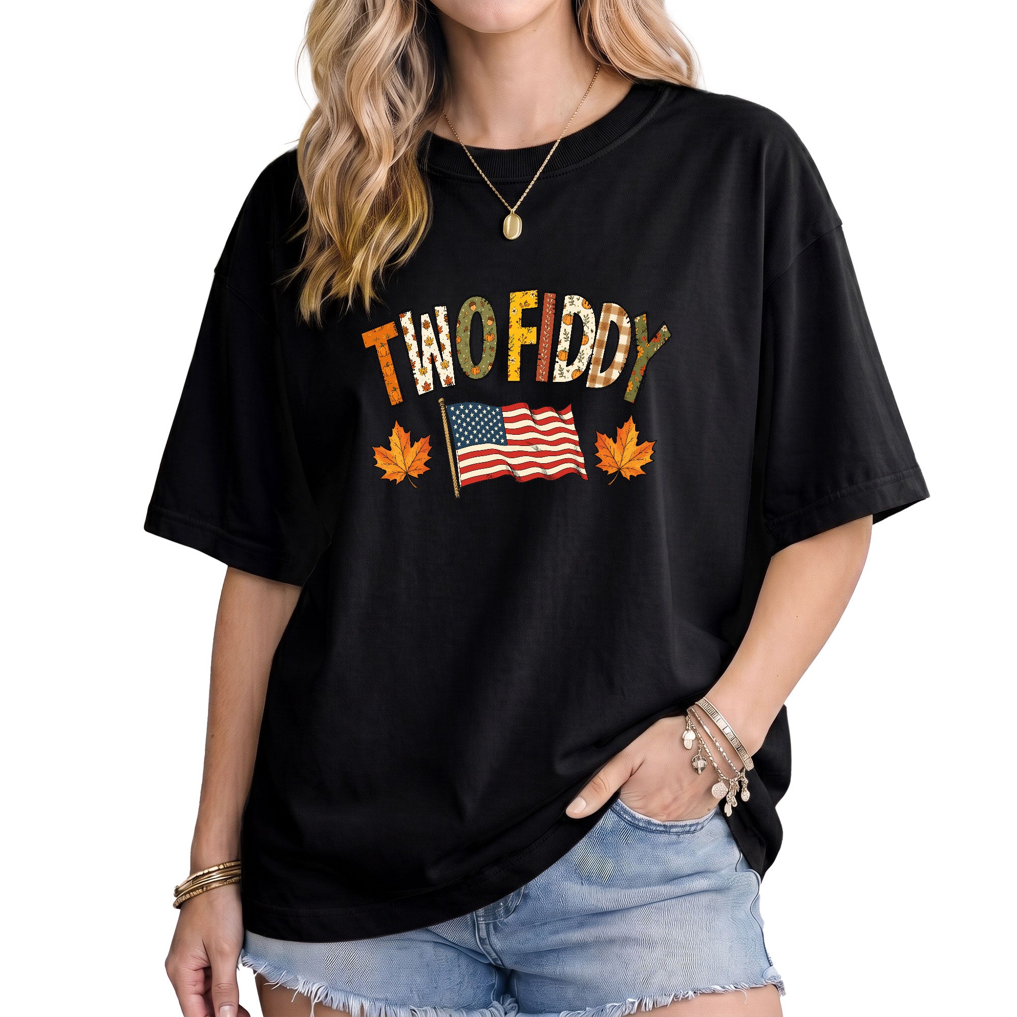 Two Fiddy Shirt Fall Vibes US Flag Maple Leaf Autumn Patriotic Graphic Tee