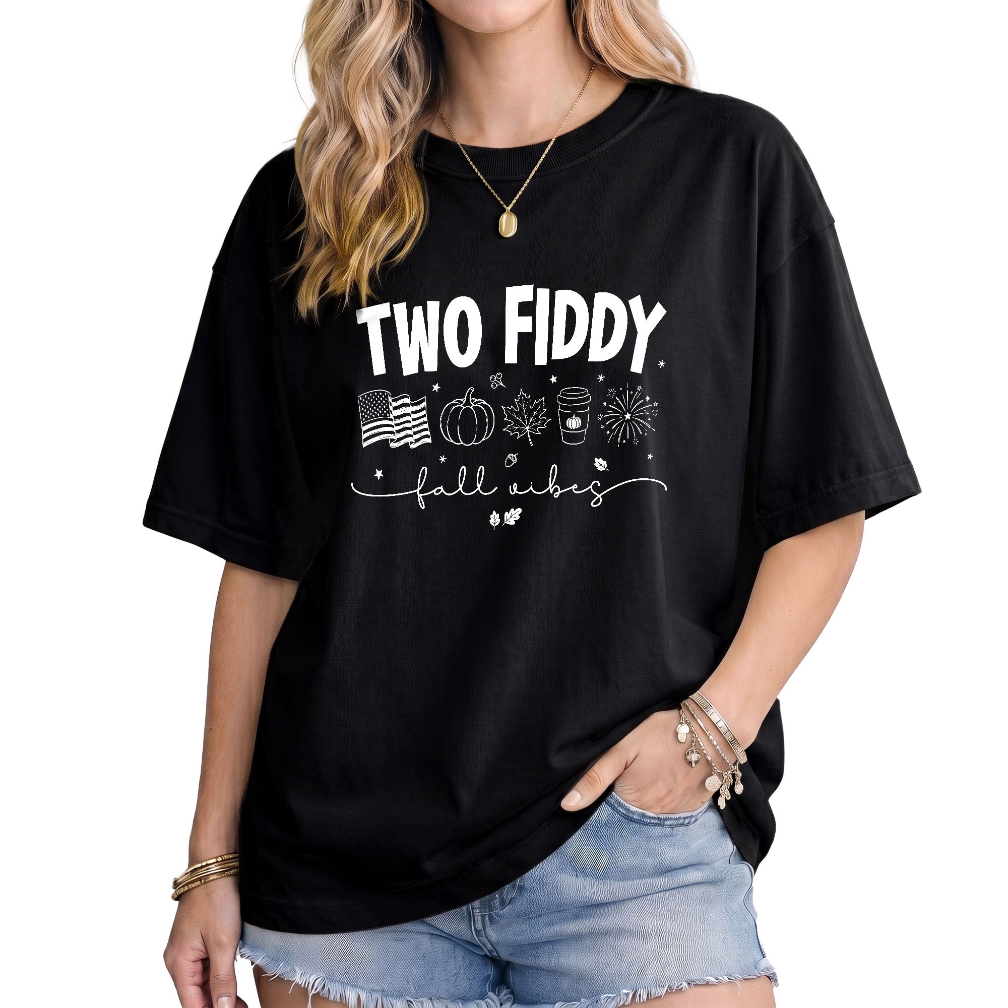 Two Fiddy Fall Shirt Pumpkin Spice Coffee US Flag Fireworks Autumn Graphic