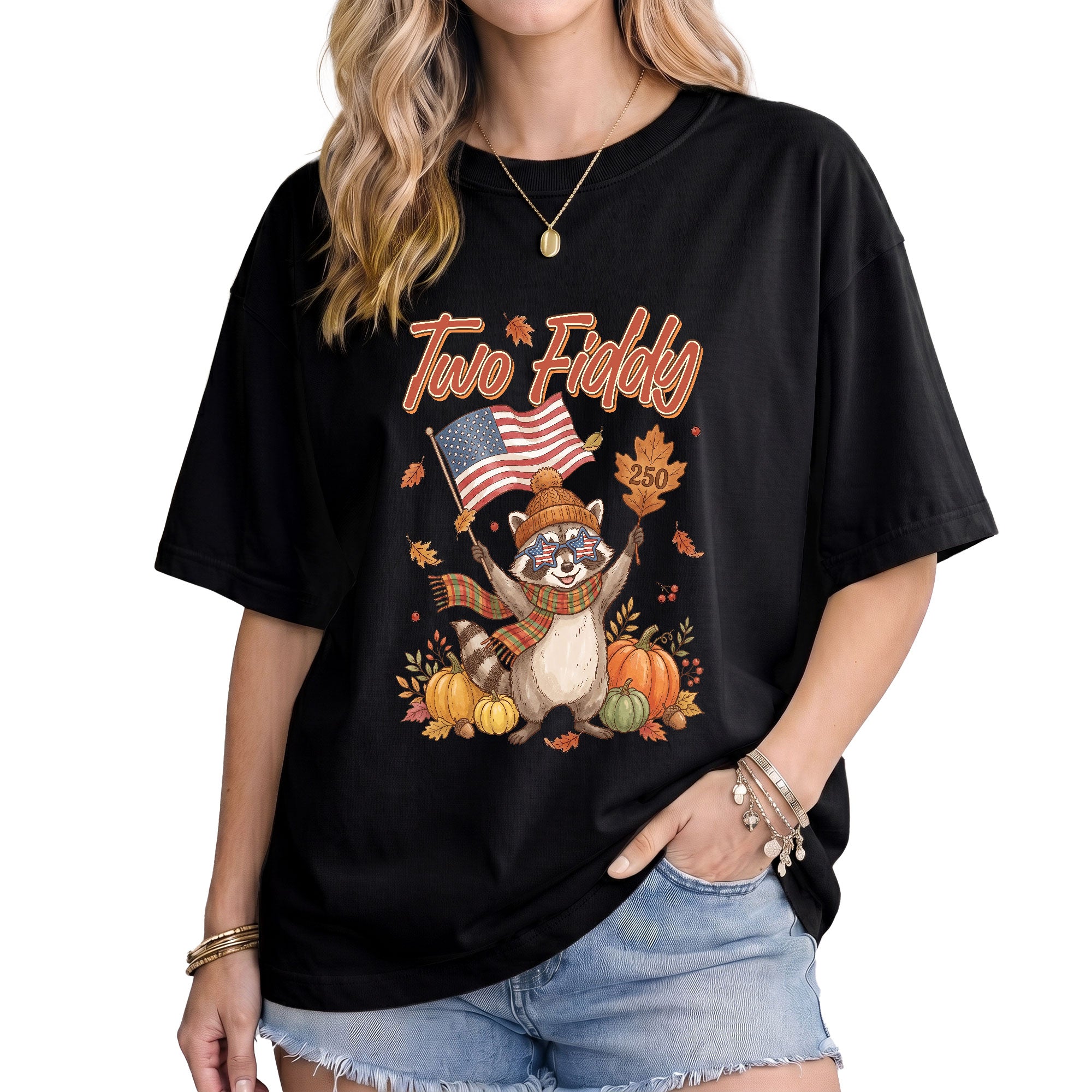 Two Fiddy Fall Vibes Shirt Cute Raccoon Pumpkin US Flag Autumn Graphic Tee