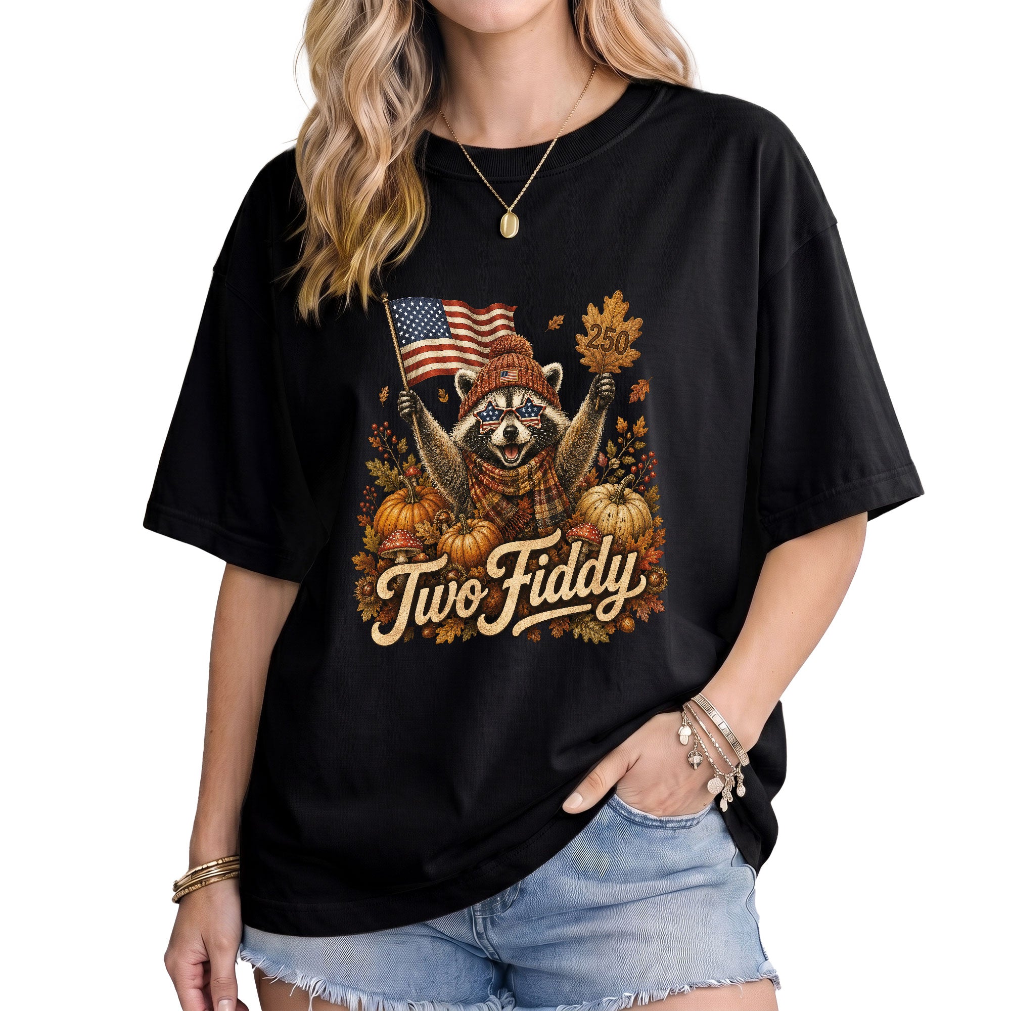 Patriotic Fall Shirt Two Fiddy Retro Raccoon Pumpkin US Flag Autumn Graphic Tee
