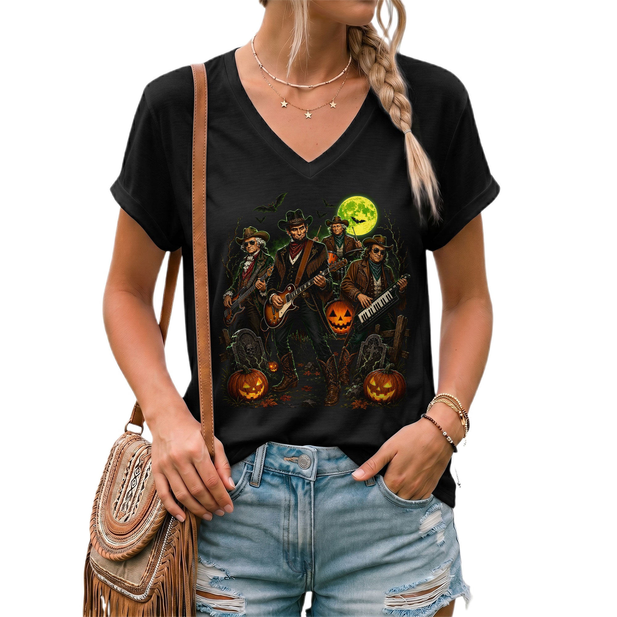 Halloween Lincoln Playing Guitar V-Neck Shirt Women Spooky Historical Rock Band Tee