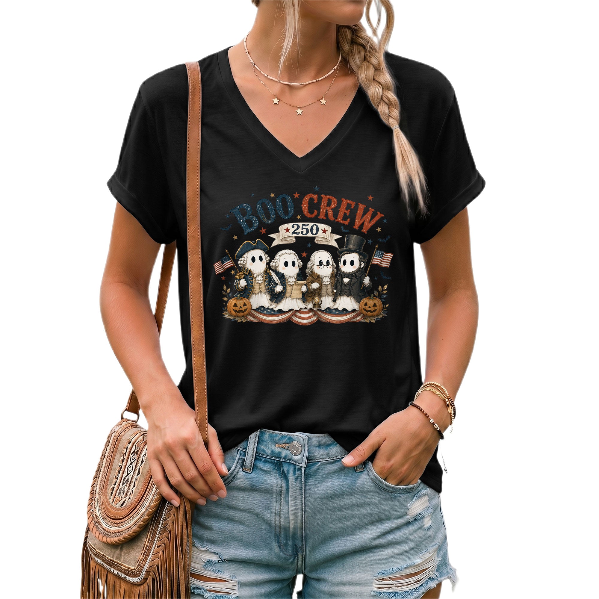 Patriotic Boo Crew Halloween V-Neck Shirt Women Cute Ghost Historical Figures Tee