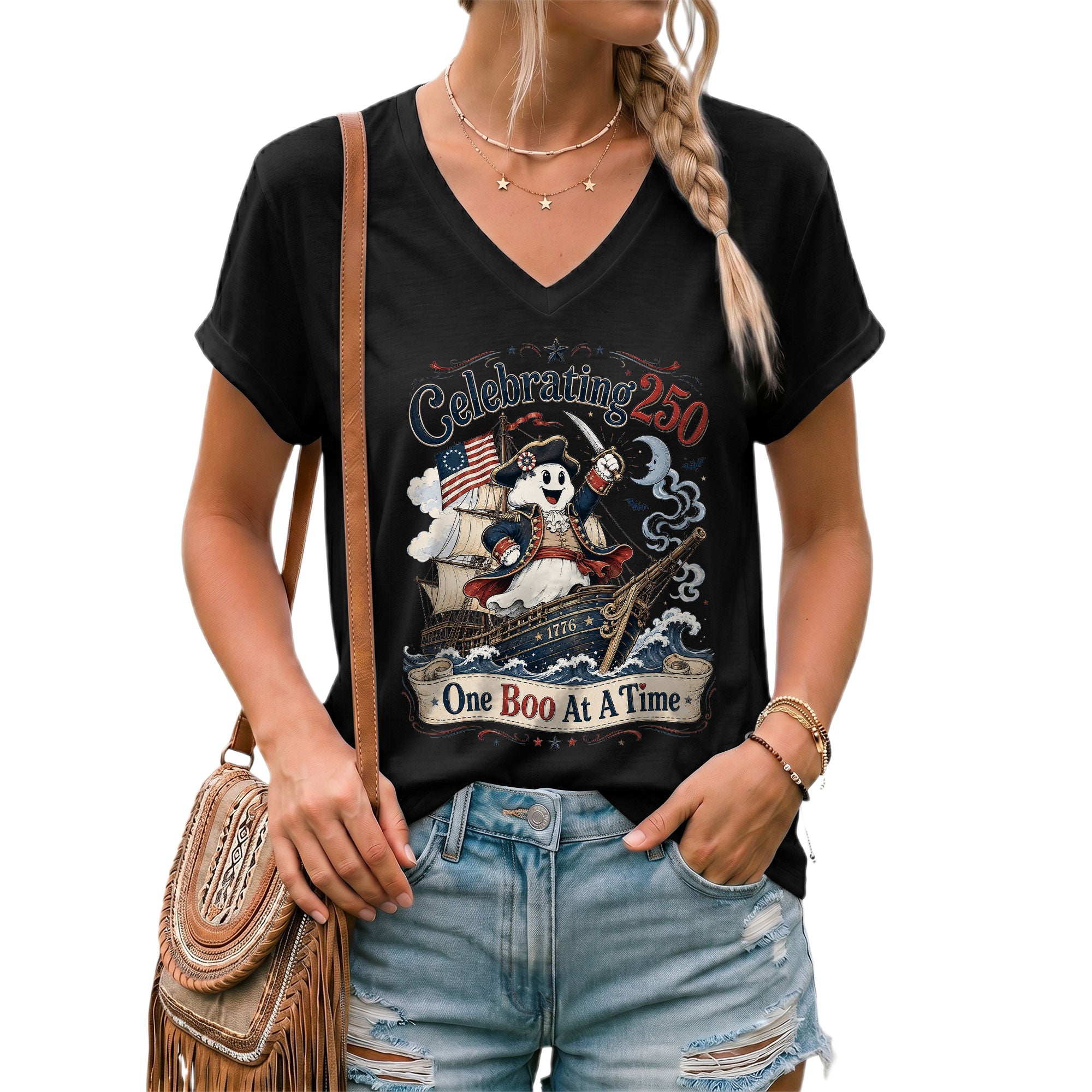 One Boo At A Time Halloween V-Neck Shirt Women Cute Patriotic Pirate Ghost Ship Tee