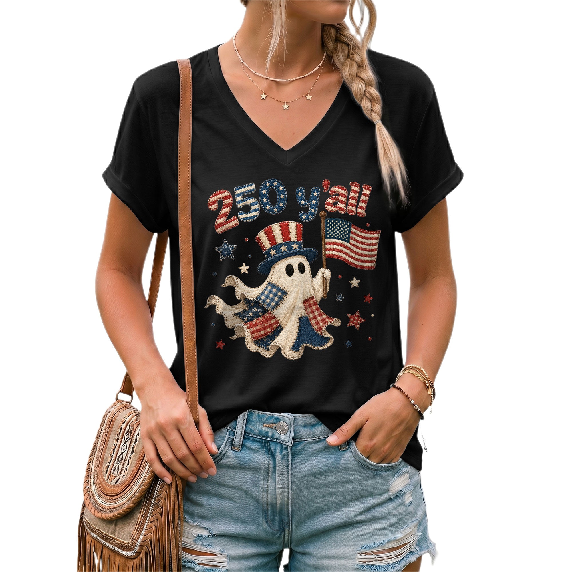 Patriotic Ghost Halloween V-Neck Shirt Women Cute Southern Y'all Uncle Sam Hat Tee