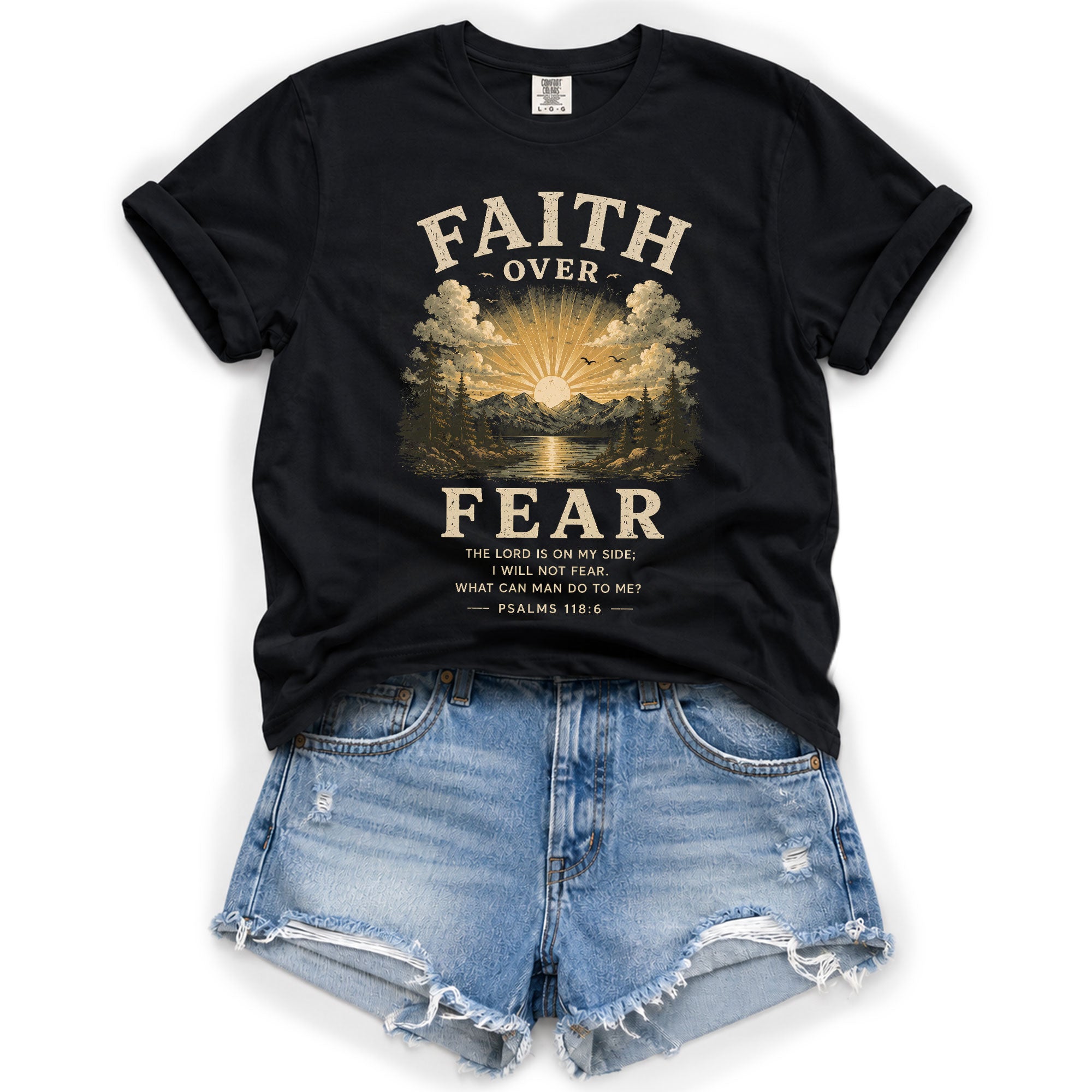 Faith Over Fear Christian Women Shirt Vintage Mountain Sunset Bible Verse T-Shirt