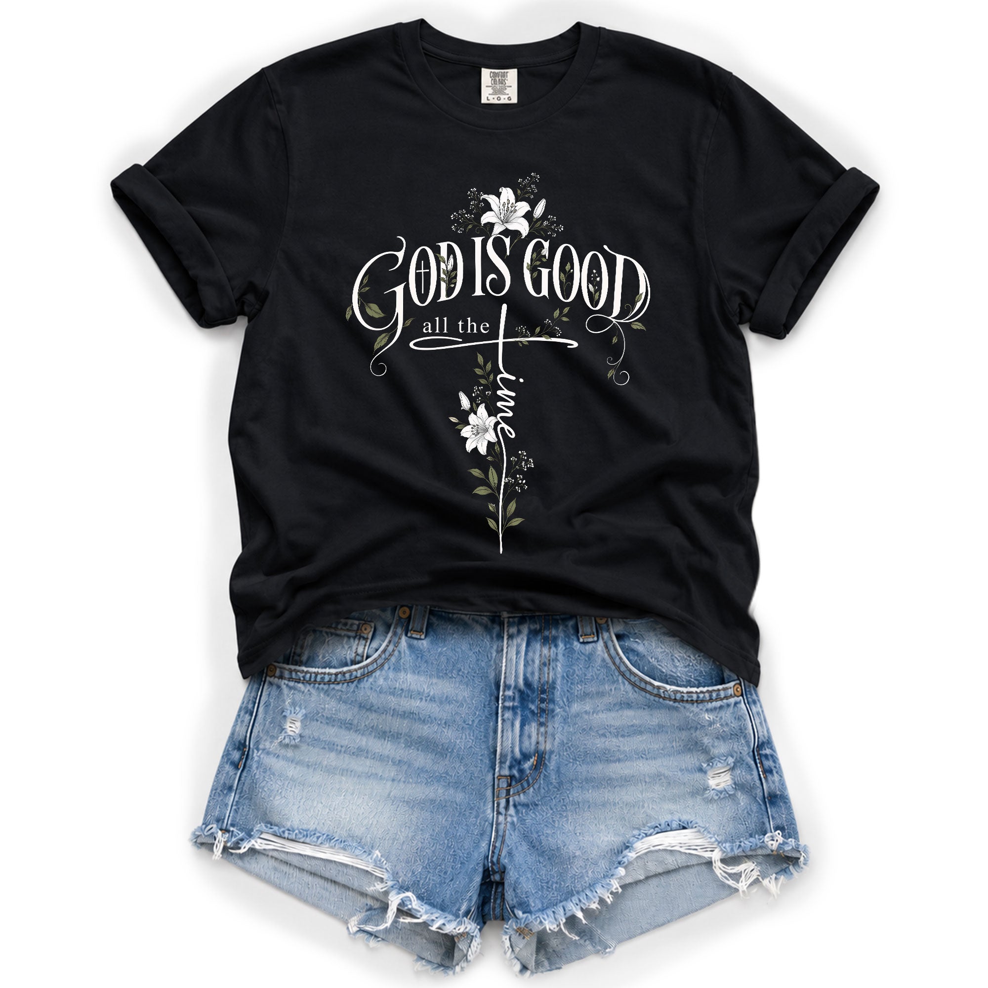 God Is Good All The Time Cross Floral Christian Graphic Casual Crewneck Tee Women