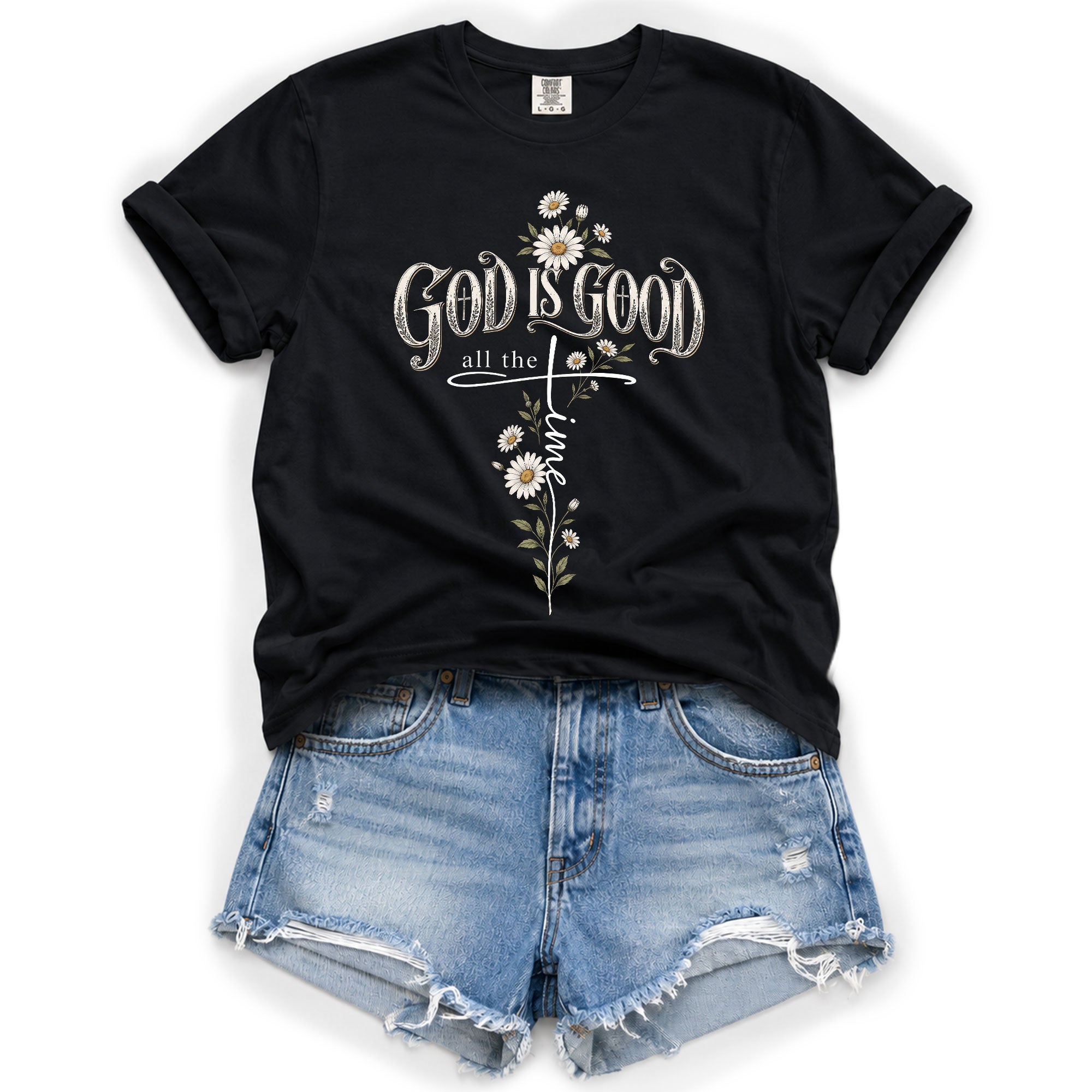 God Is Good Shirt Christian Floral Daisy Cross Bible Verse Women Faith Graphic T-Shirt