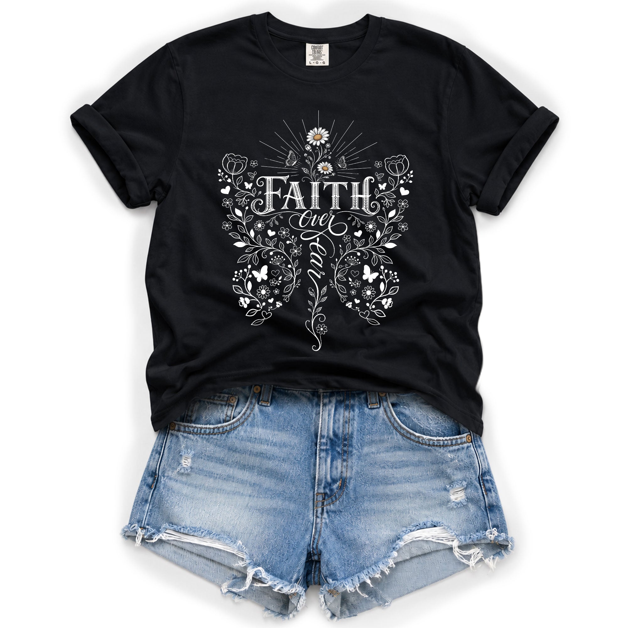 Faith Over Fear Butterfly Floral Christian Graphic Casual Crewneck Tee Shirt Women