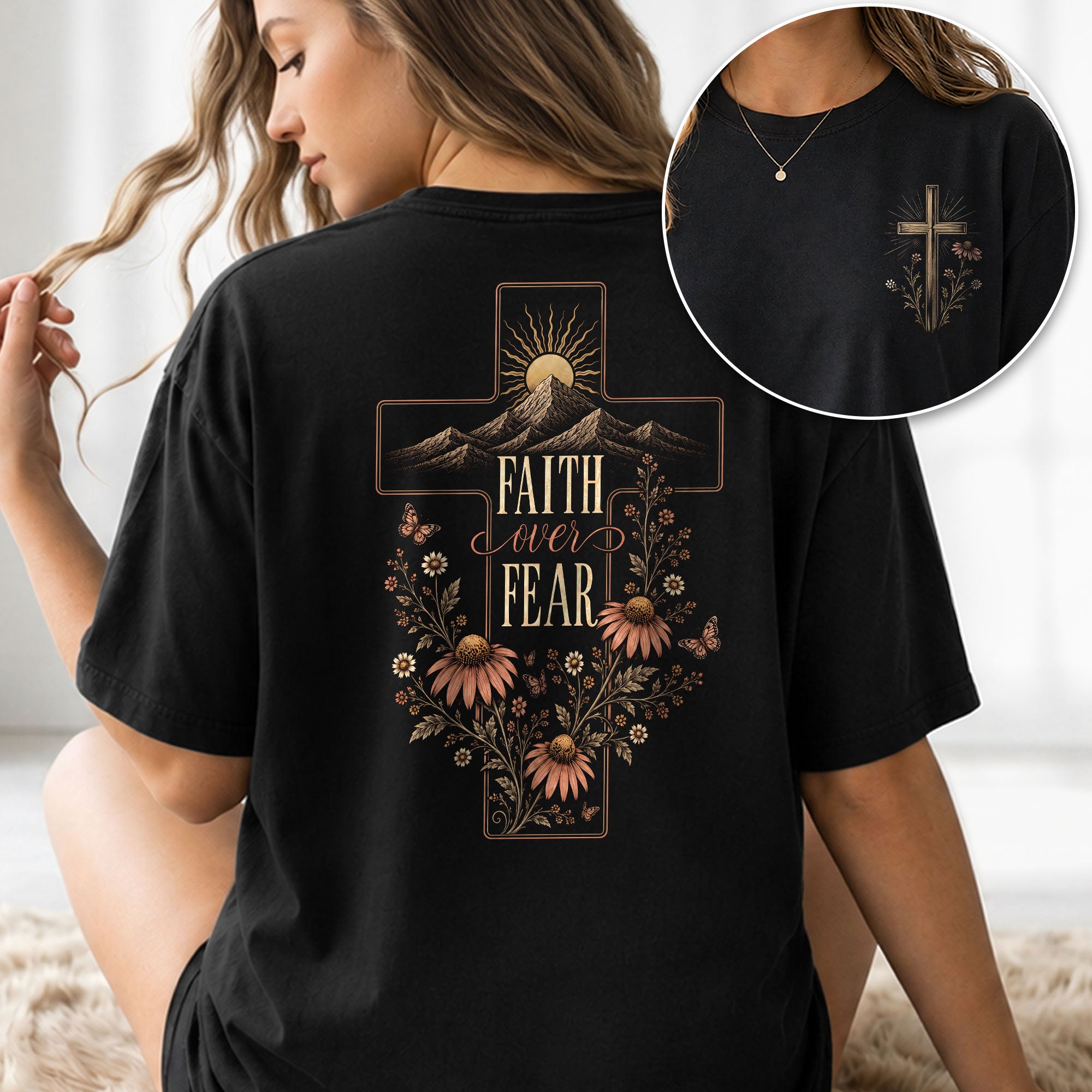 Faith Over Fear Mountain Cross Floral Christian Graphic Casual Crewneck Tee Women