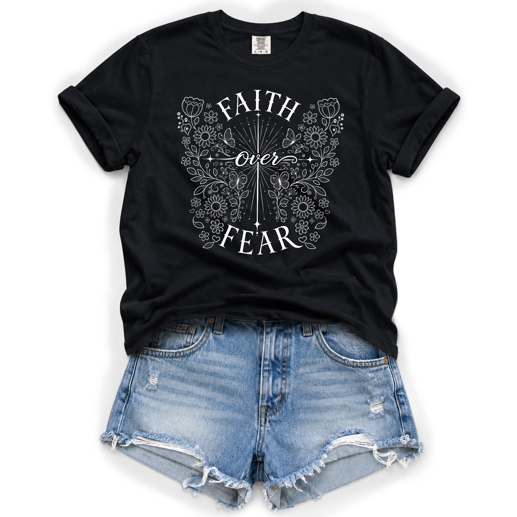 Faith Over Fear Shirt Christian Women Butterfly Floral Line Art Shirt Cross Jesus Graphic Tee