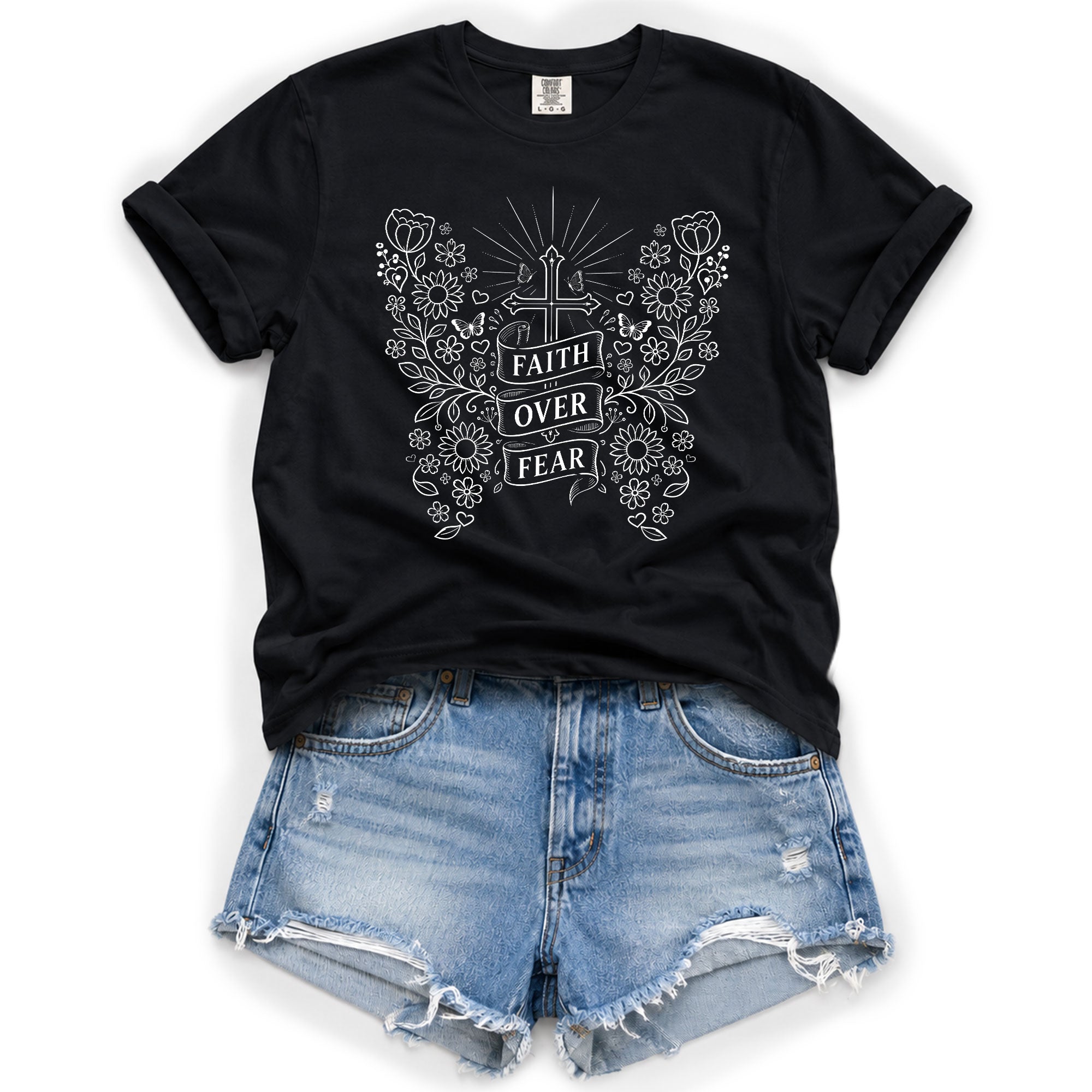 Faith Over Fear Shirt Christian Women Shirt Floral Butterfly Cross Aesthetic Jesus Tee