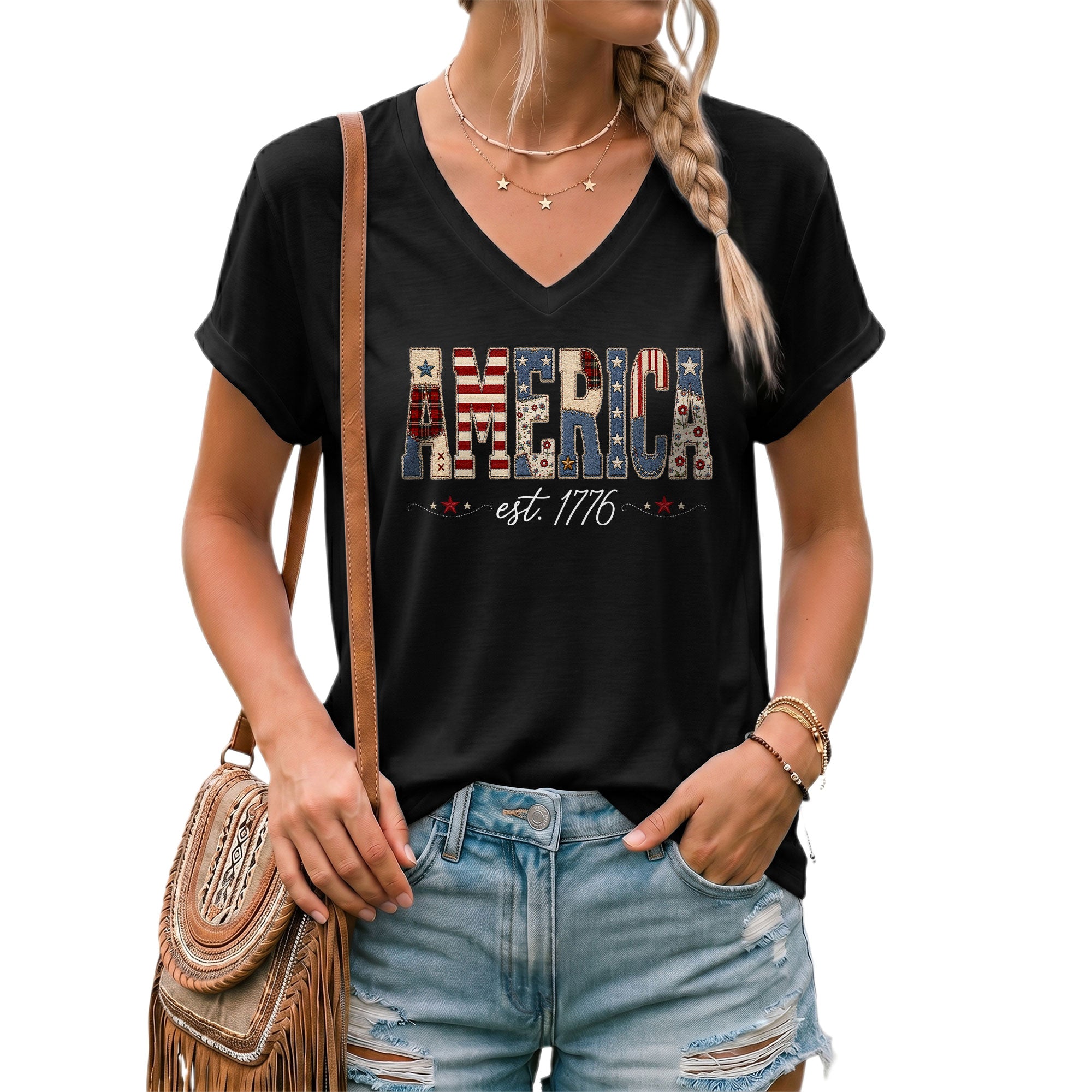 Patriotic America Est. 1776 V-Neck Tee - Women's Custom Graphic Summer Top