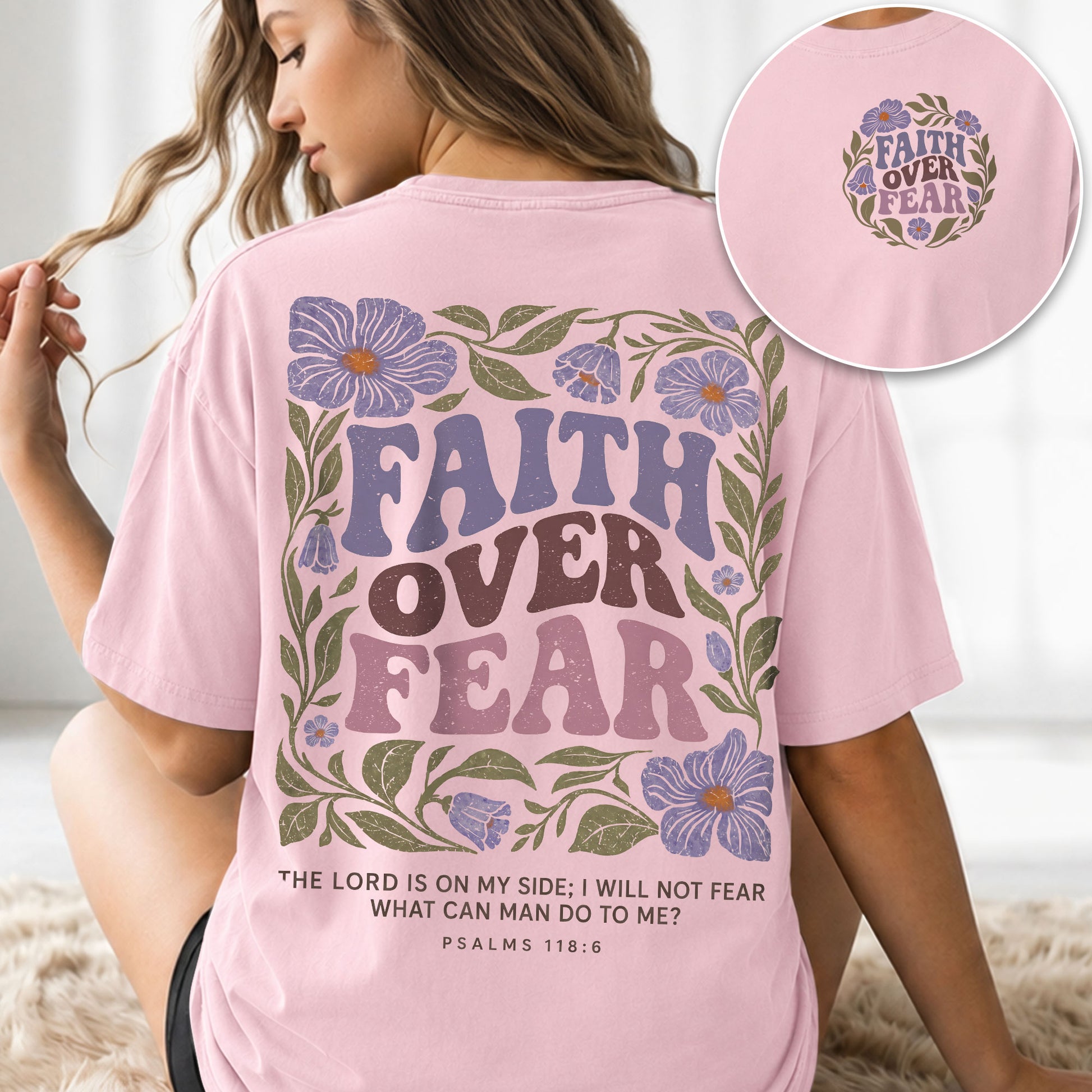 Faith Over Fear Christian Women Shirt Purple Floral Bible Verse T-Shirt Psalms 118:6 - Rust Field Wear