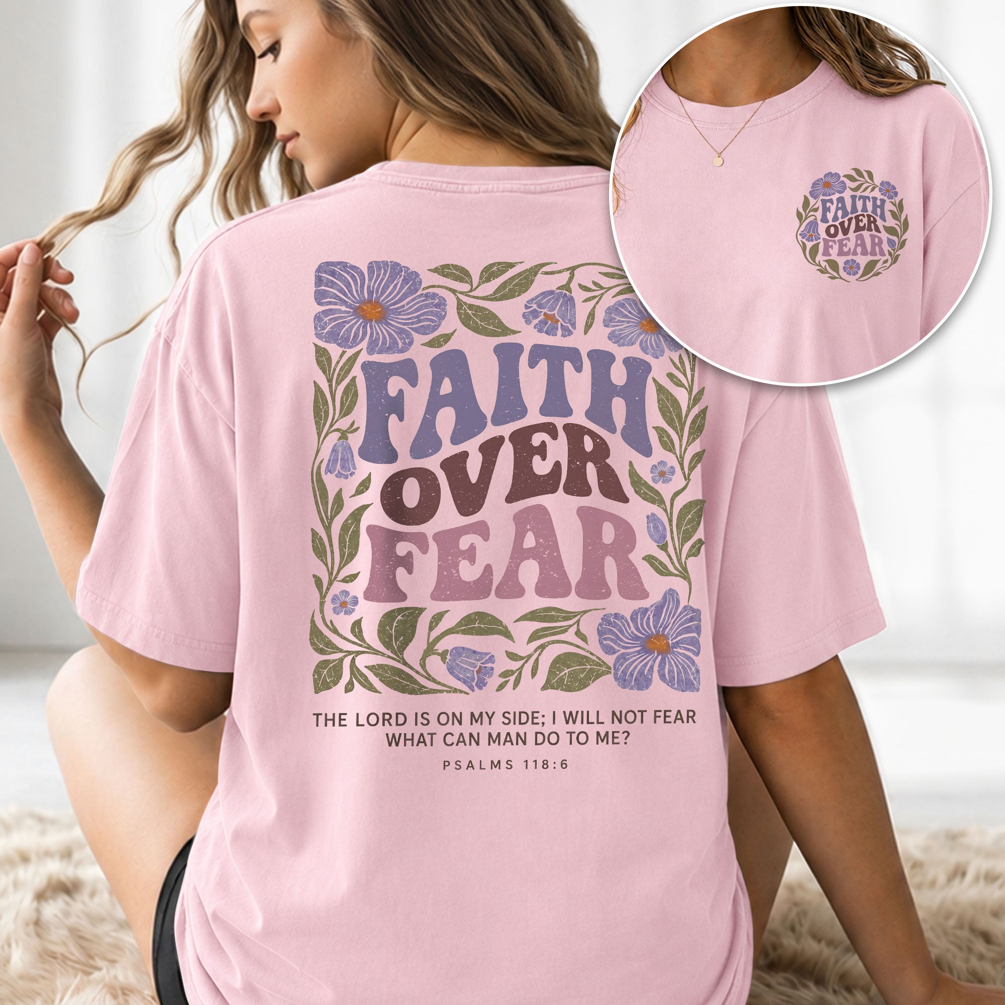 Faith Over Fear Christian Women Shirt Purple Floral Bible Verse T-Shirt Psalms 118:6 - Rust Field Wear