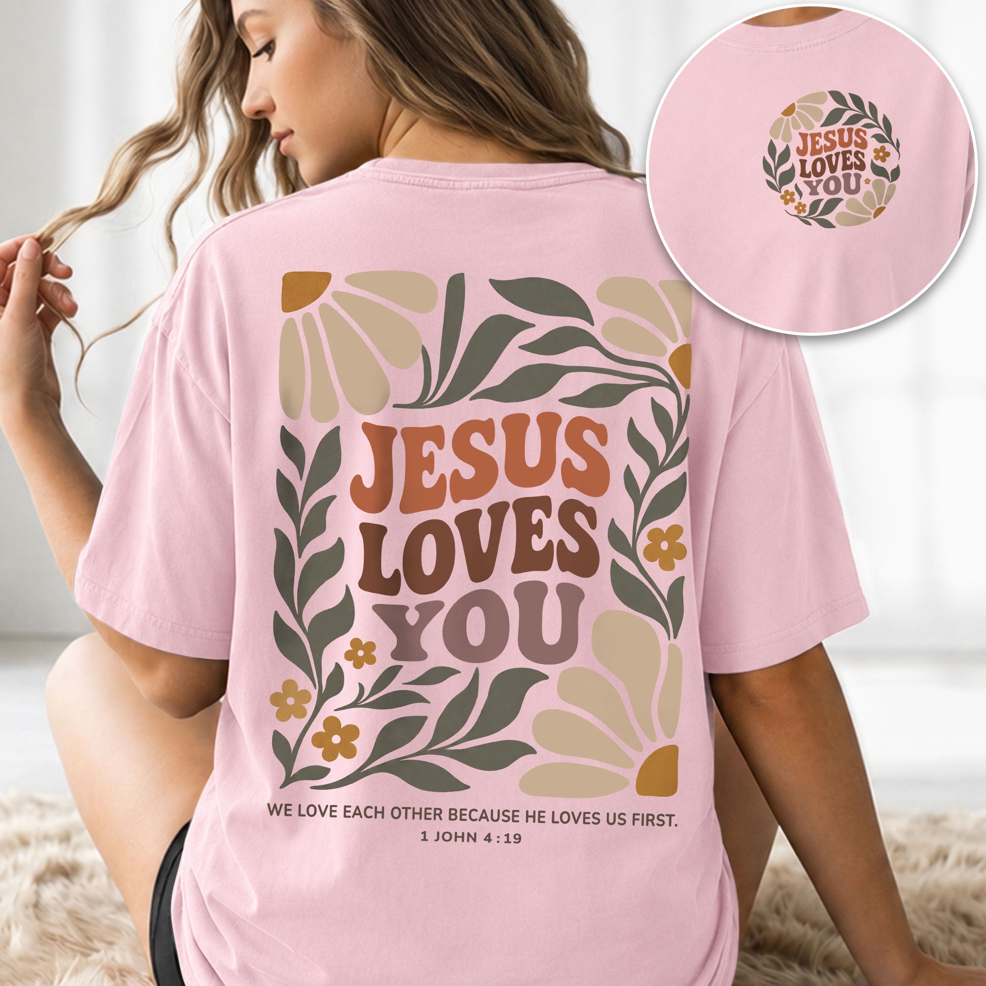 Jesus Loves You Retro Botanical Earth Tone 1 John 4 19 Christian T Shirt Apparel Women - Rust Field Wear