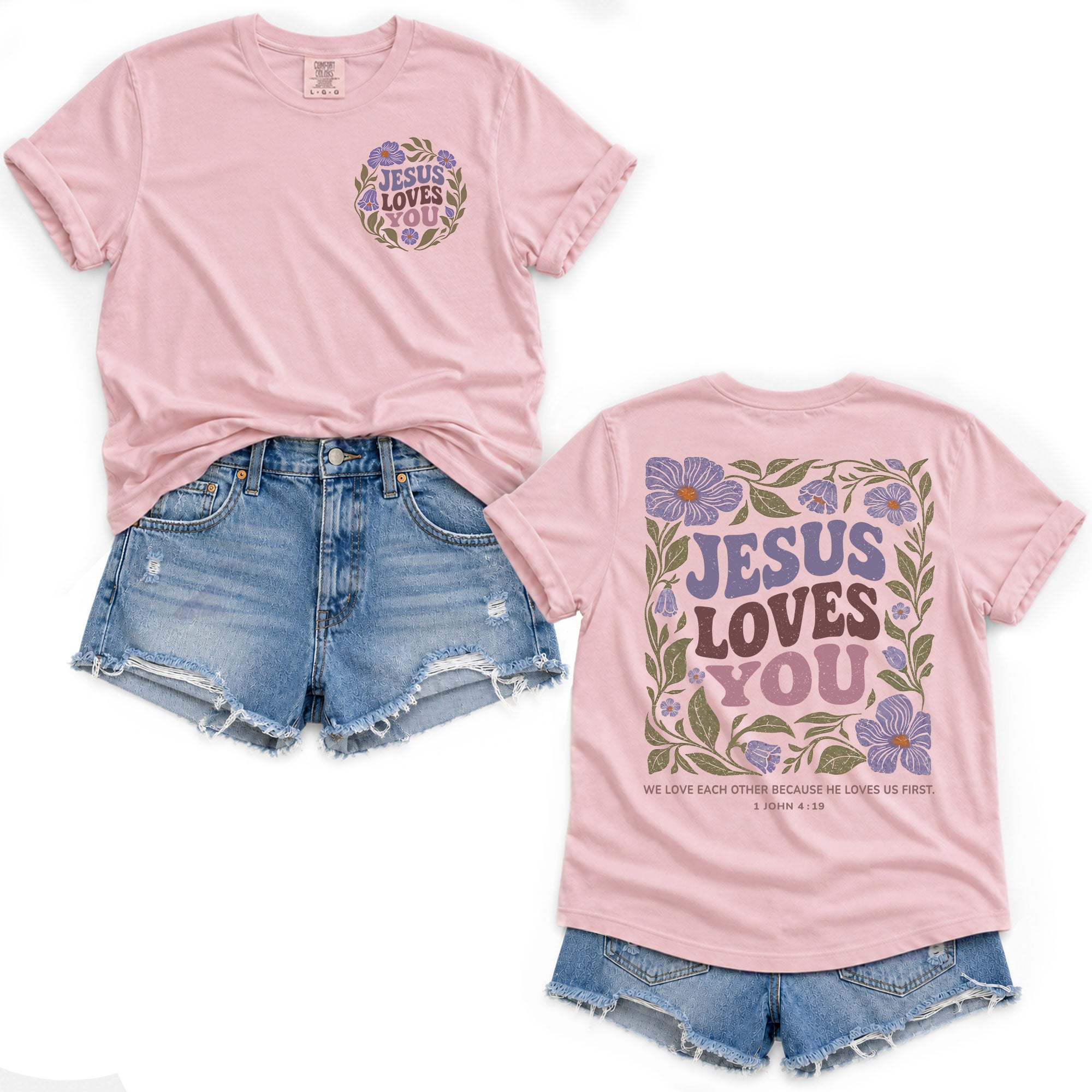 Jesus Loves You Retro Purple Floral 1 John 4 19 Christian T Shirt Apparel Women Top