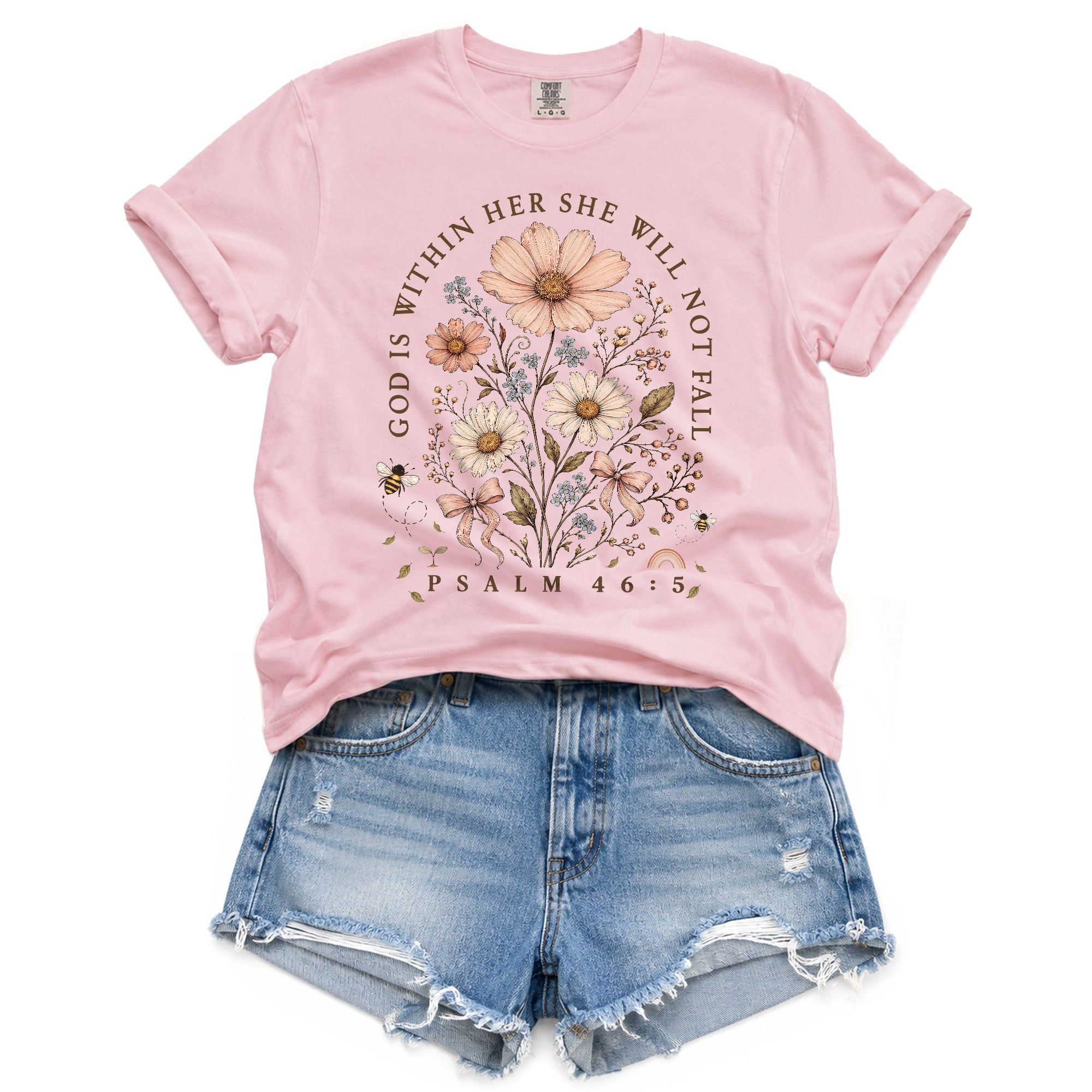 God Is Within Her Shirt Wildflower Floral Bee Christian Bible Verse Women Graphic Tee