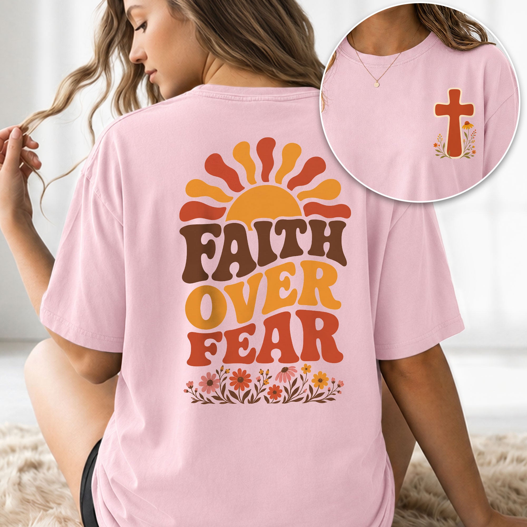 Faith Over Fear Retro Sun Floral Christian Graphic Casual Crewneck Tee Shirt Women