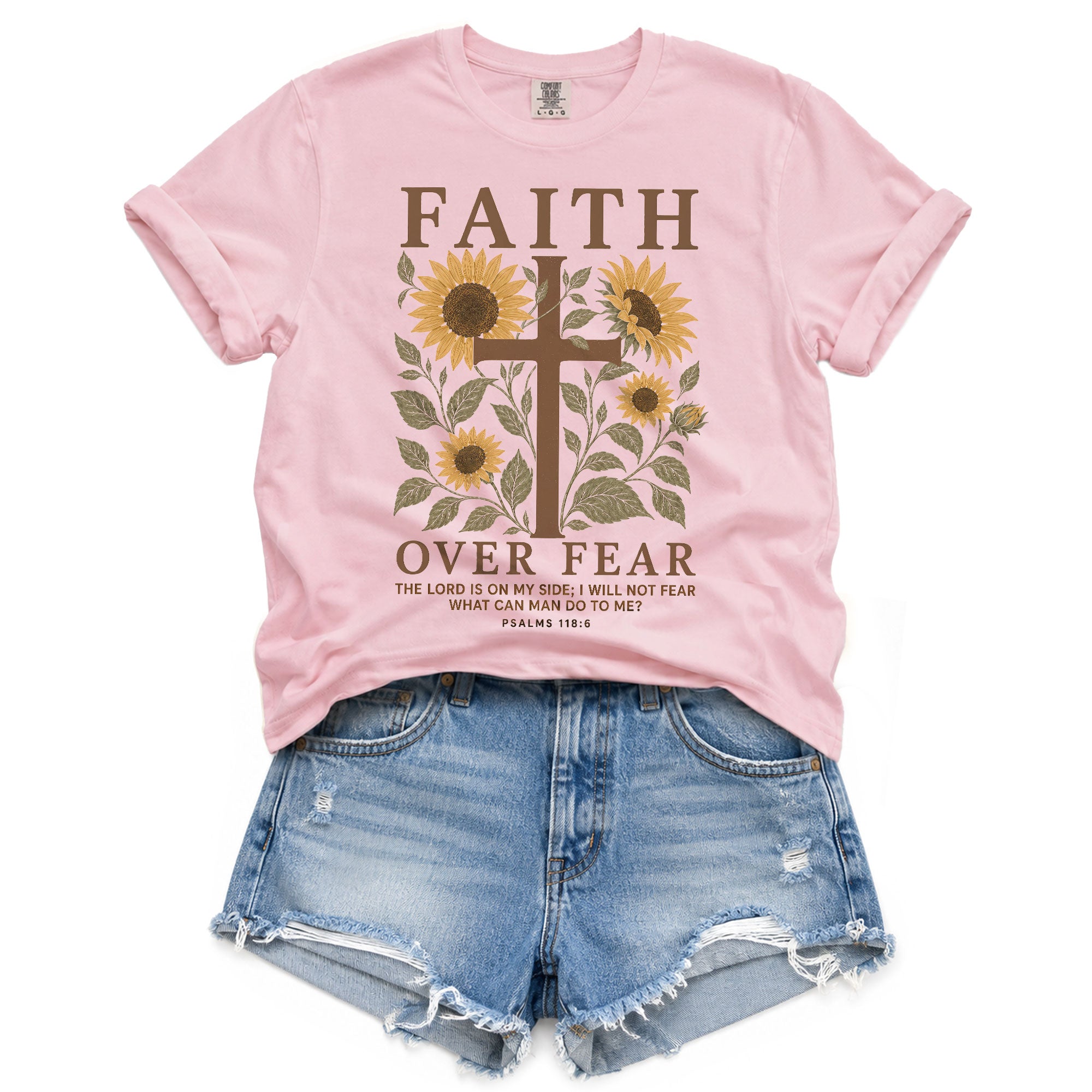 Faith Over Fear Shirt Christian Women Sunflower Cross Shirt Psalm 118 Bible Verse Floral Tee