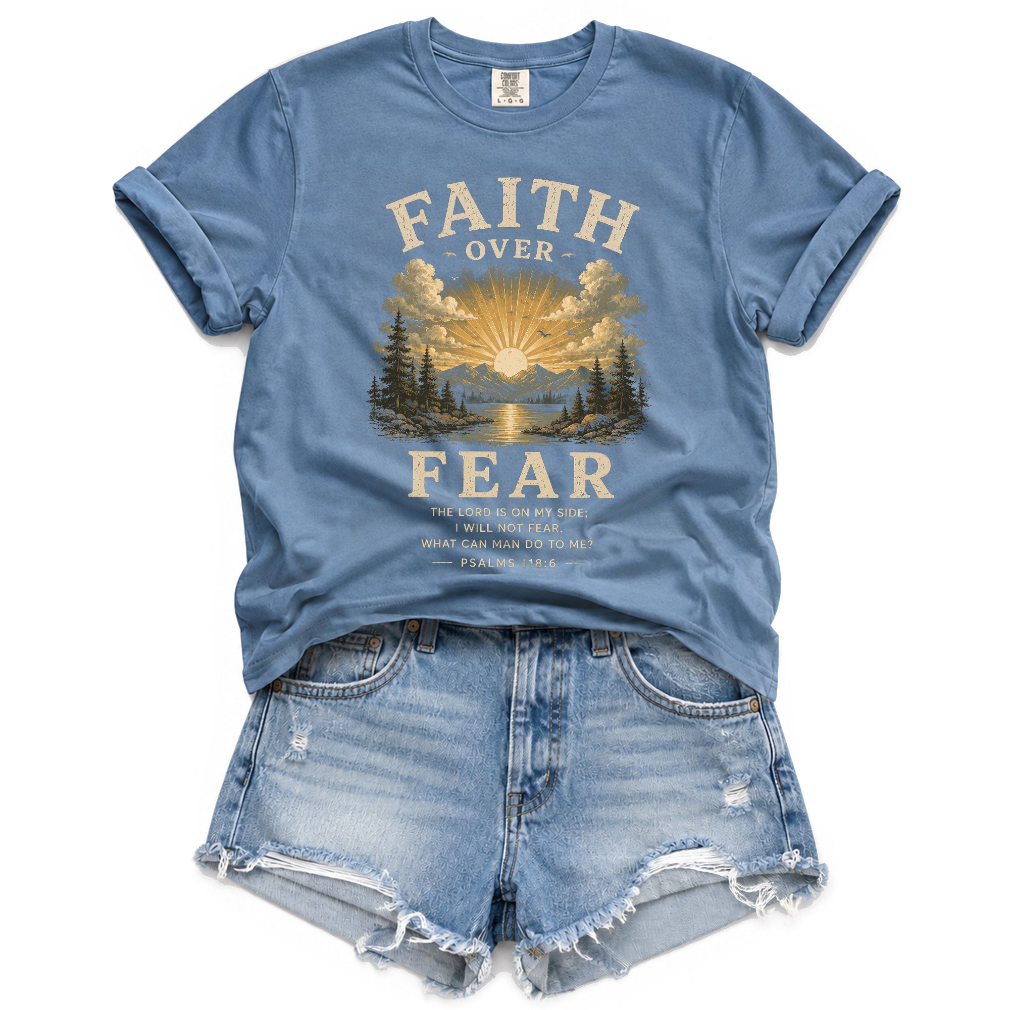 Faith Over Fear Christian Women Shirt Vintage Mountain Sunset Bible Verse T-Shirt
