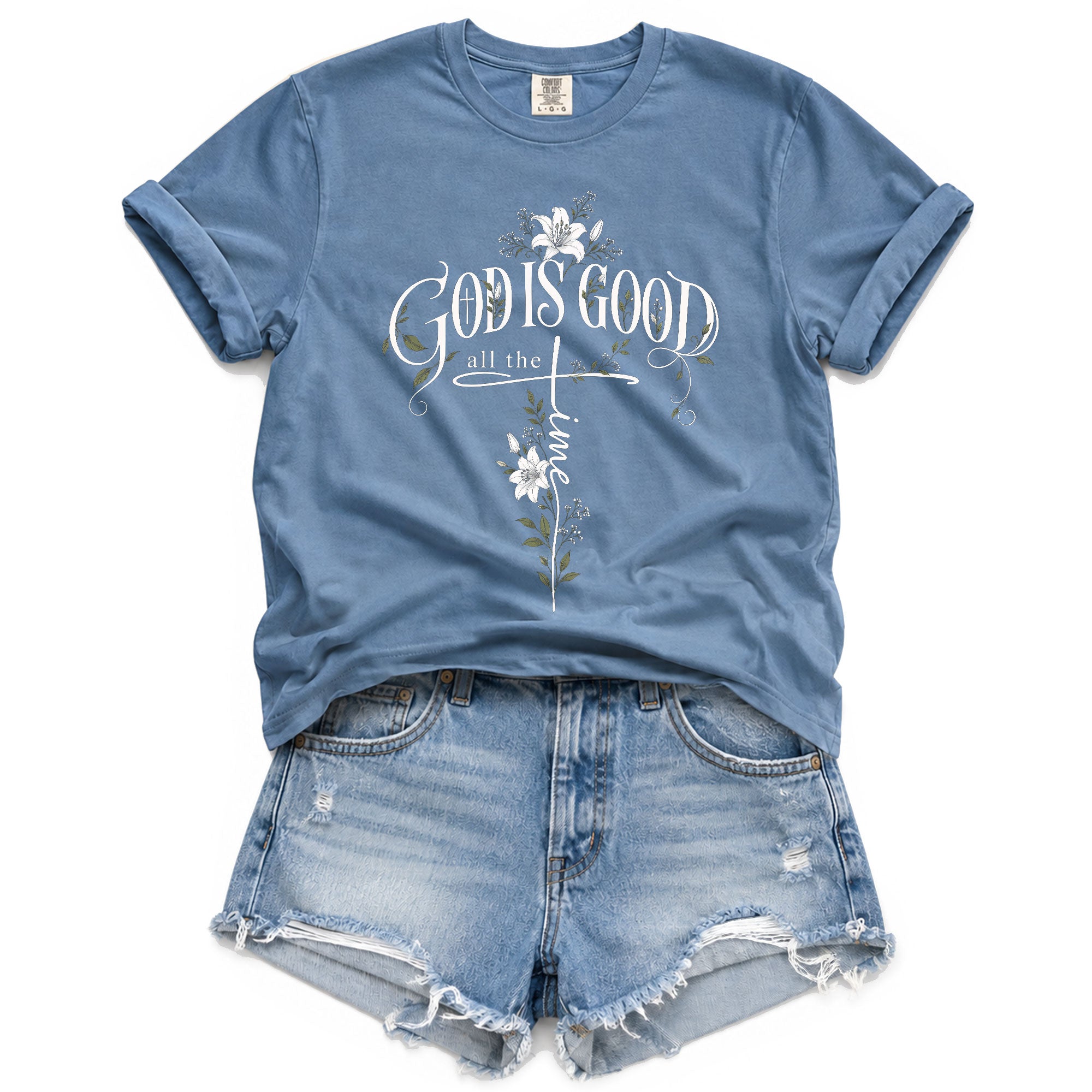 God Is Good All The Time Cross Floral Christian Graphic Casual Crewneck Tee Women