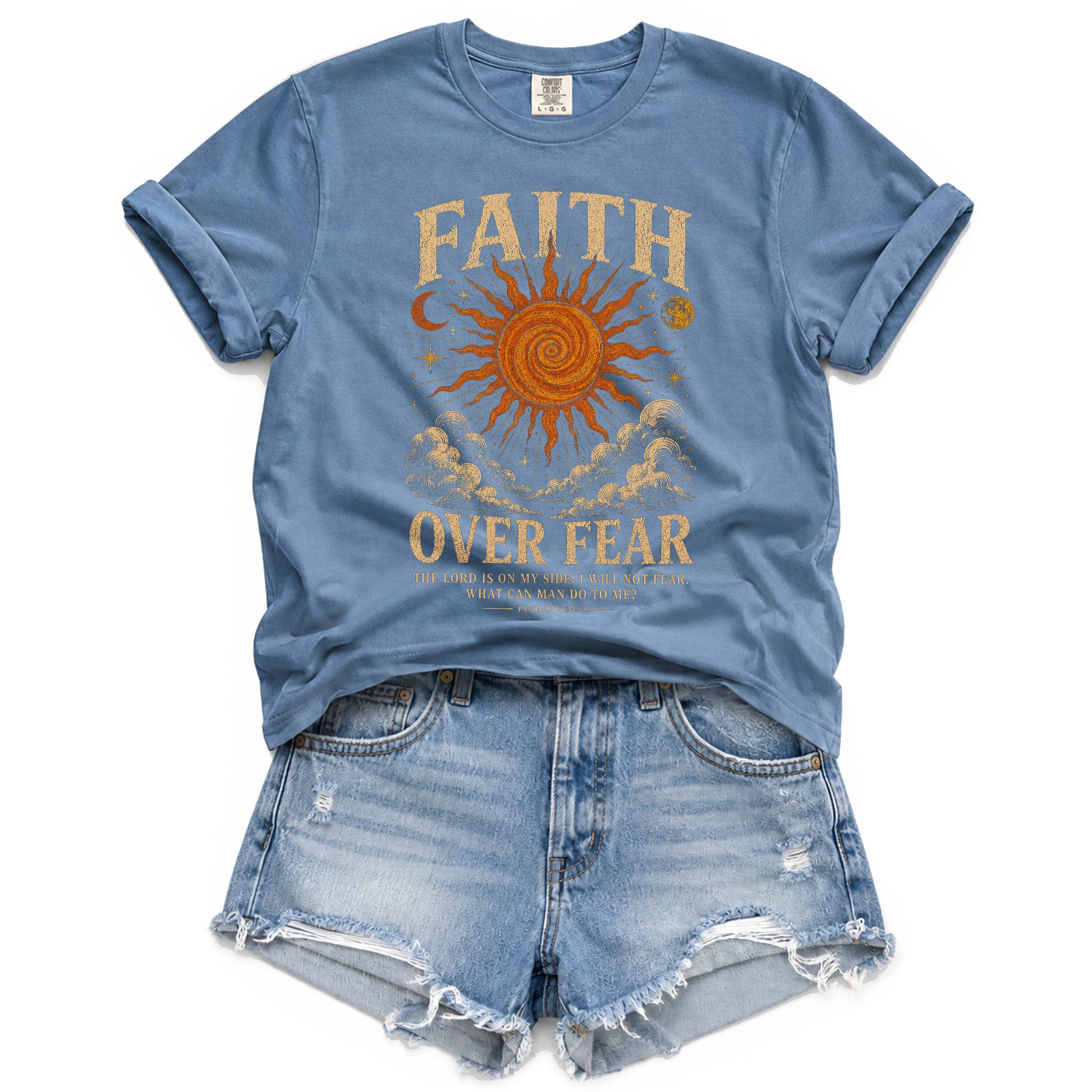 Faith Over Fear T Shirt Christian Women Sun Moon Clouds Psalm 118 6 Religious Tee
