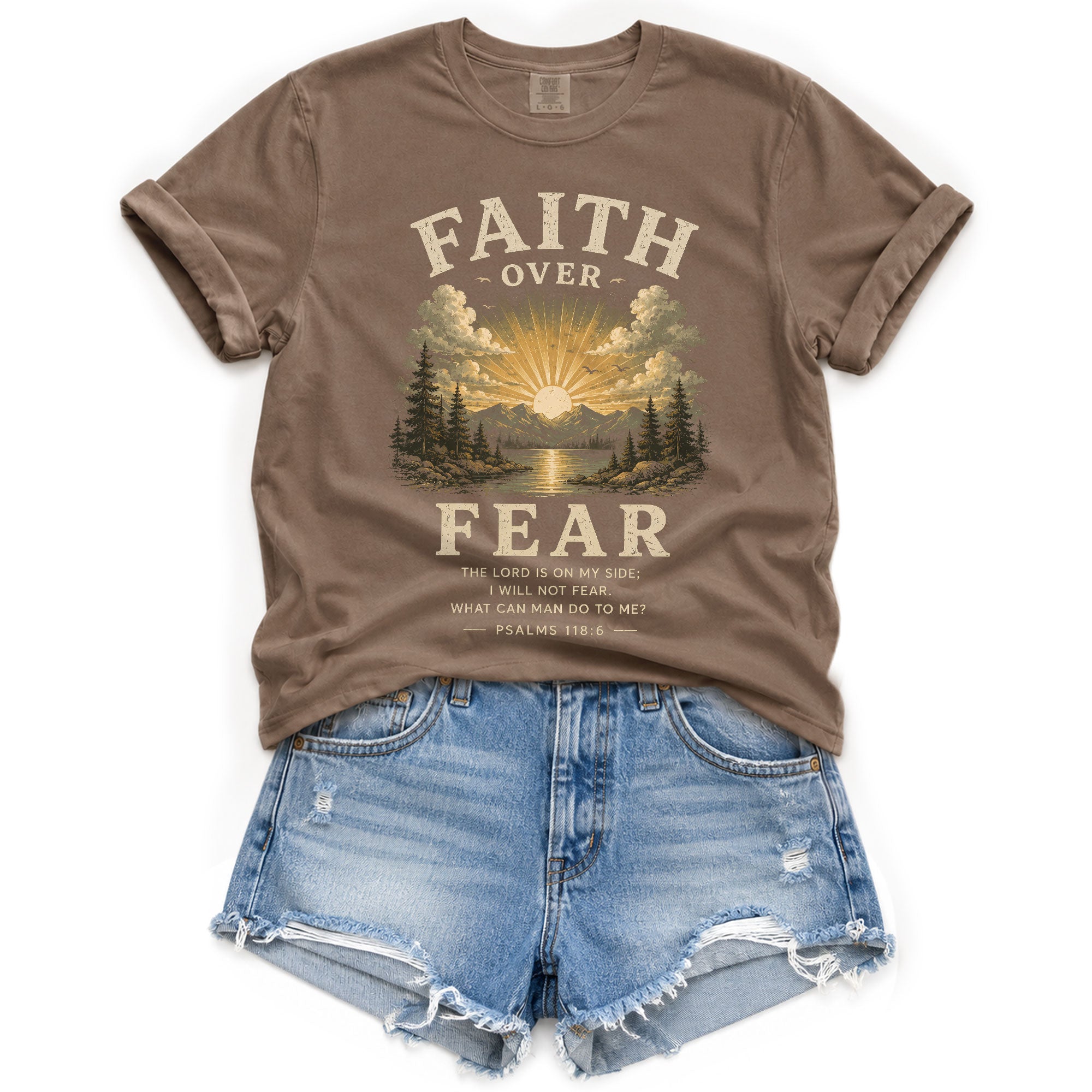 Faith Over Fear Christian Women Shirt Vintage Mountain Sunset Bible Verse T-Shirt