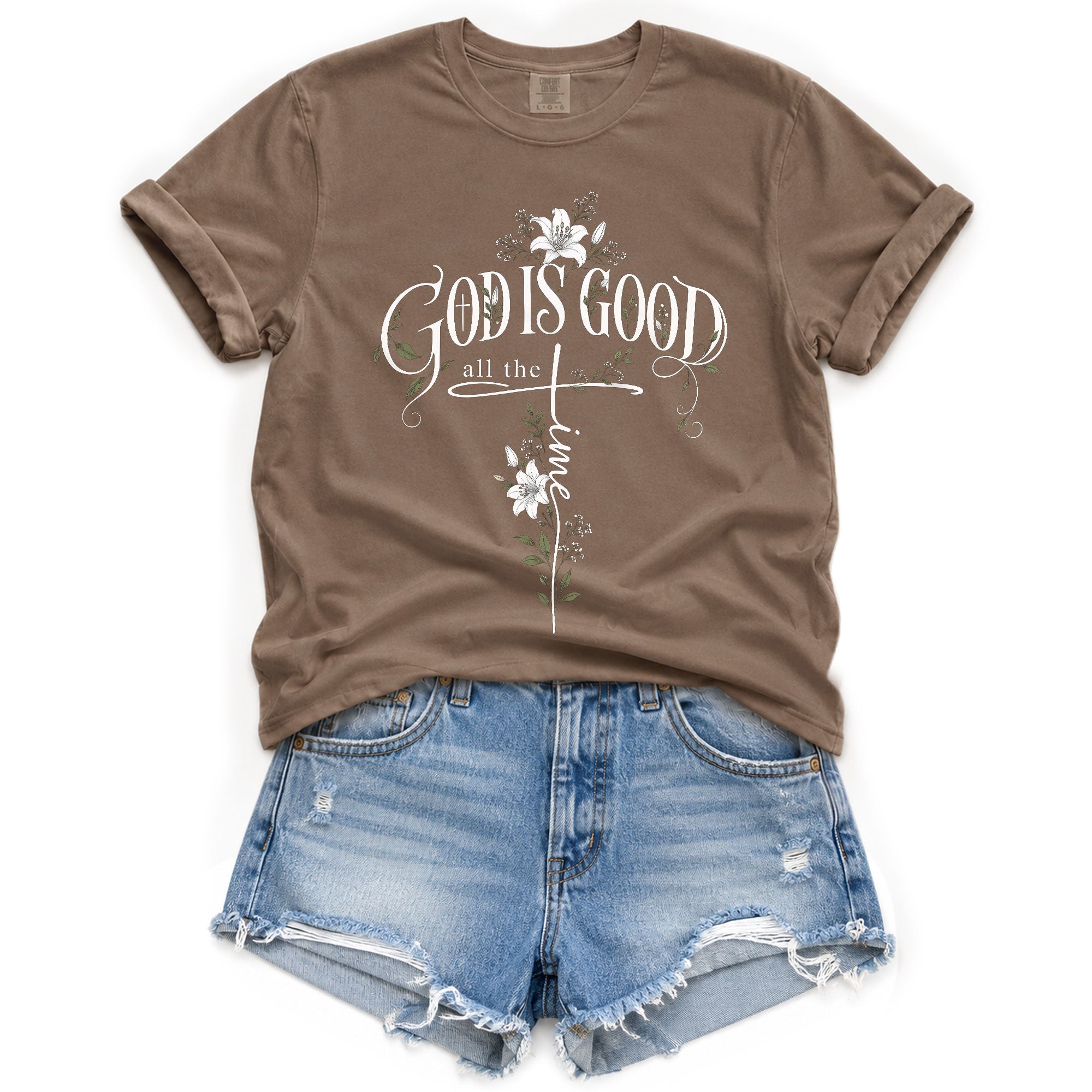 God Is Good All The Time Cross Floral Christian Graphic Casual Crewneck Tee Women