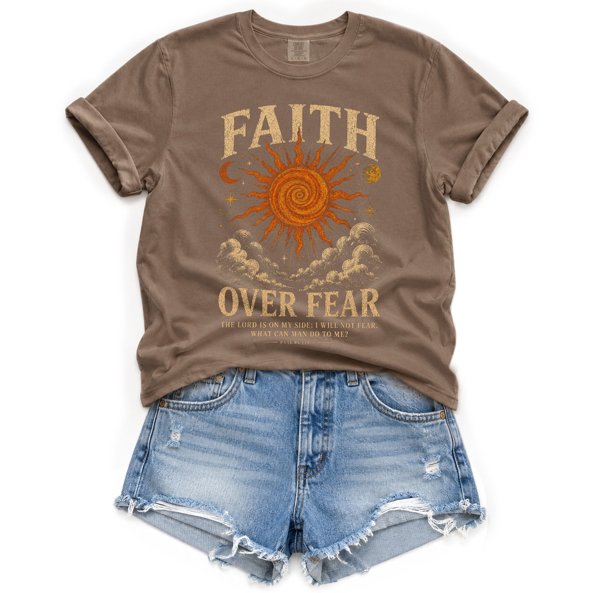 Faith Over Fear T Shirt Christian Women Sun Moon Clouds Psalm 118 6 Religious Tee