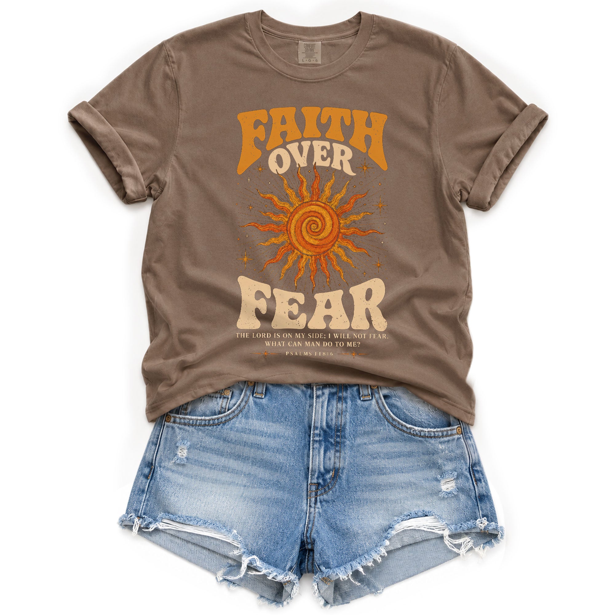 Faith Over Fear T Shirt Christian Women Retro Sun Stars Psalm 118 6 Religious Tee